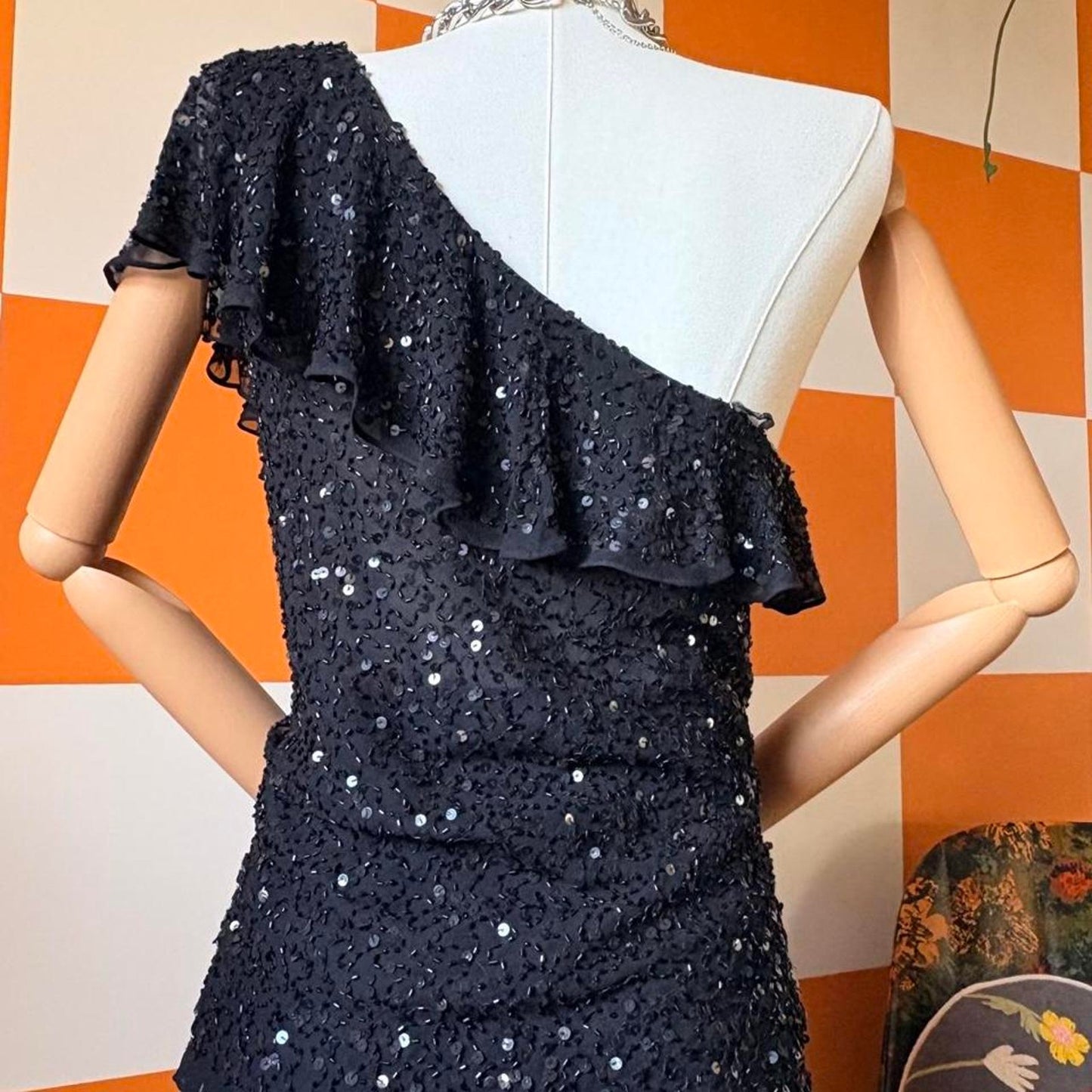 Y2K Vintage Black Beaded Sequin Asymmetrical Flutter Sleeve Silk Blouse