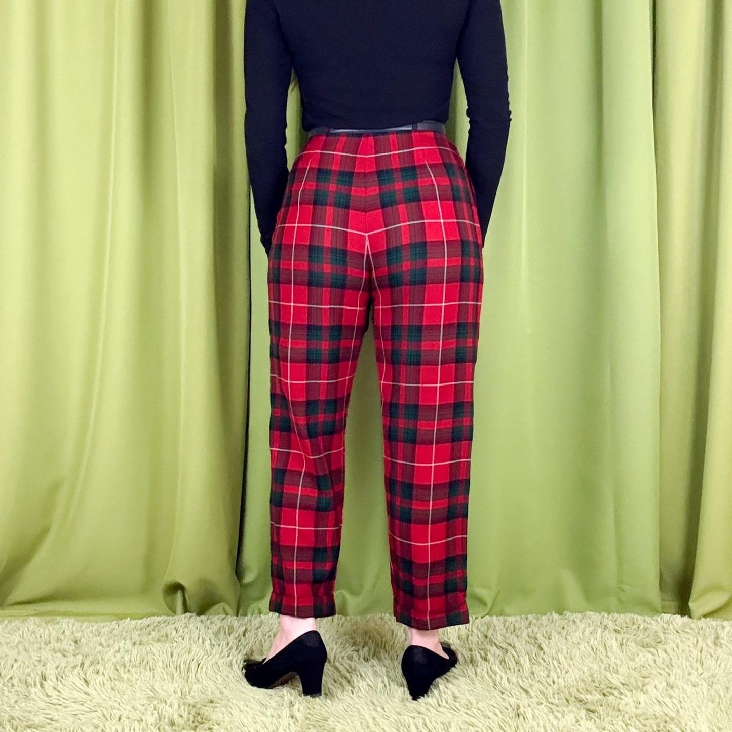 60s Vintage High-Waisted Red and Black Plaid Wool Pleated Trouser Pants