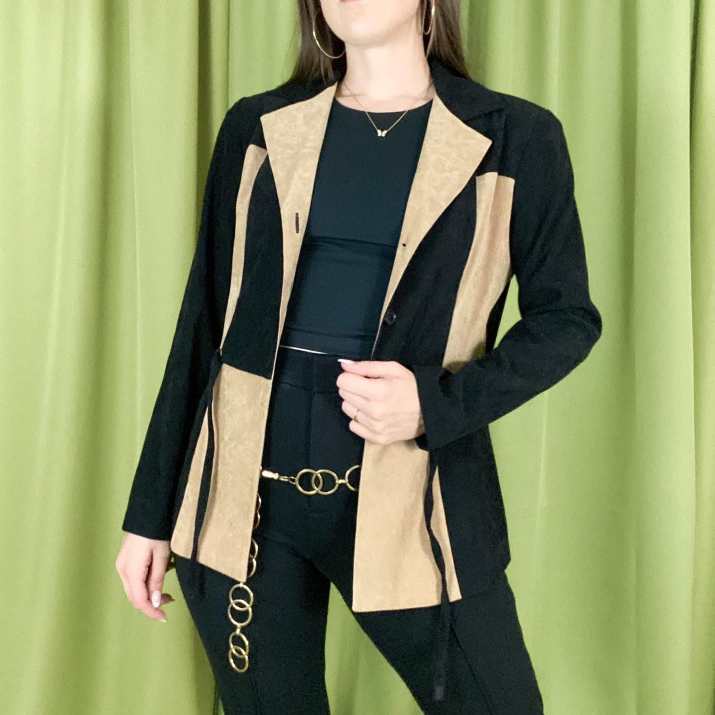 90s Vintage Black and Tan Patchwork Faux Suede Giorgio Sant Angelo Blazer