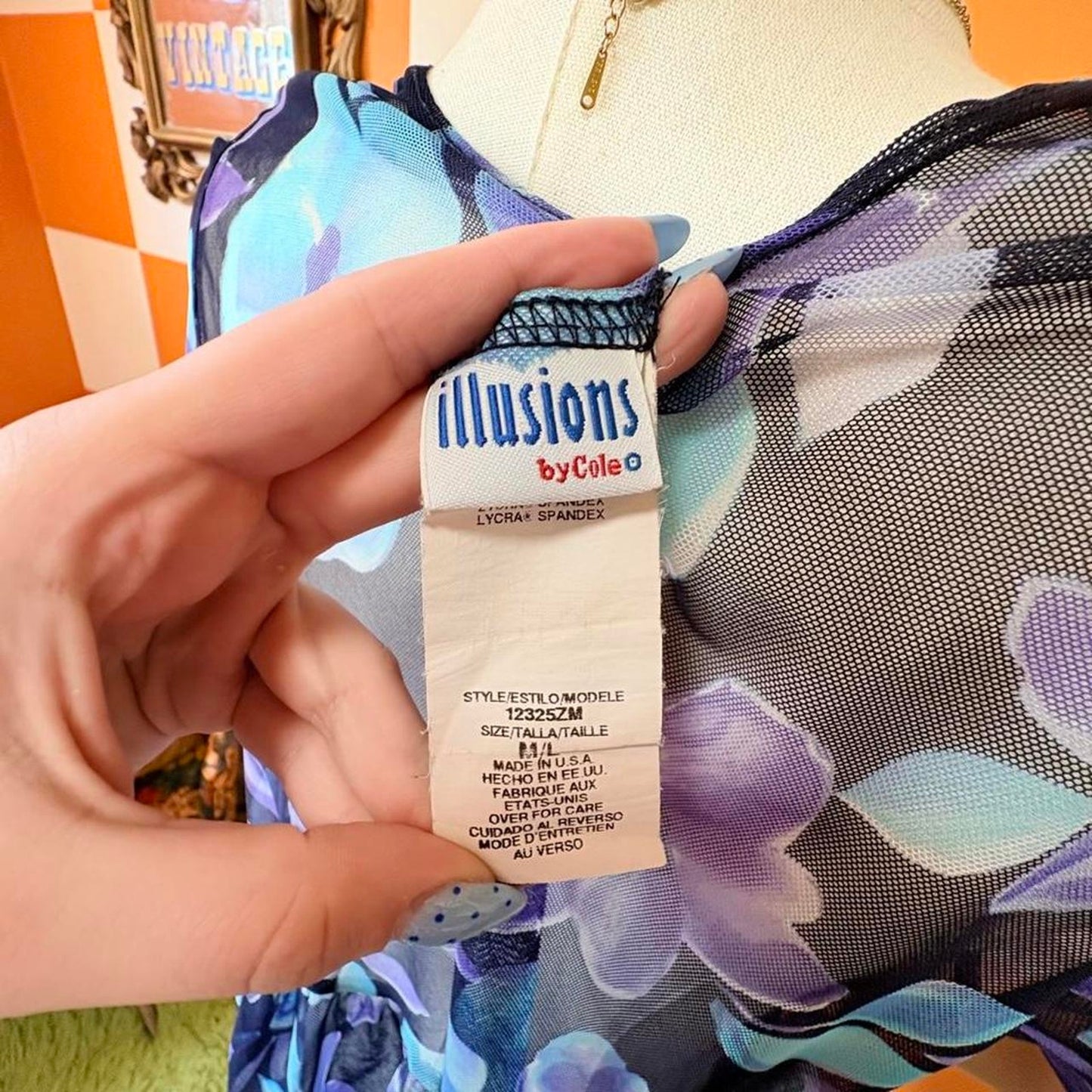 90s Vintage Monochromatic Blue Floral Print Sheer Babydoll Dress