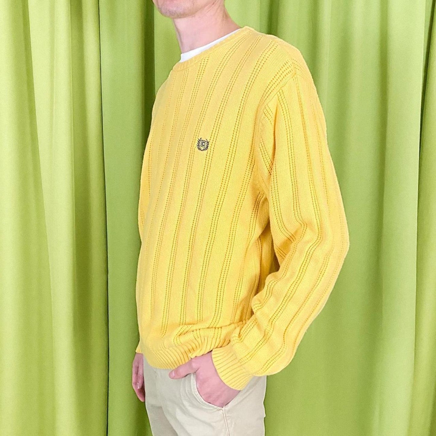 90s Vintage Yellow Knitted Sweater with Embroidered Logo