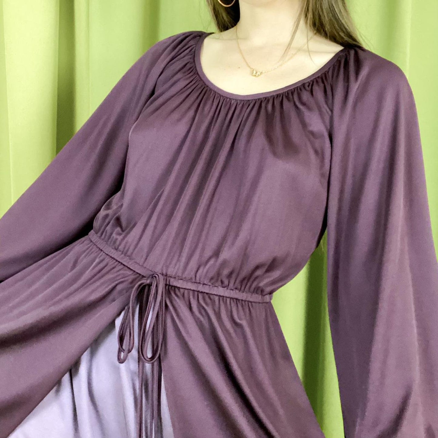 80s Vintage Dark Plum Slouchy A Line Poly Maxi Dress with Monochrome Layering