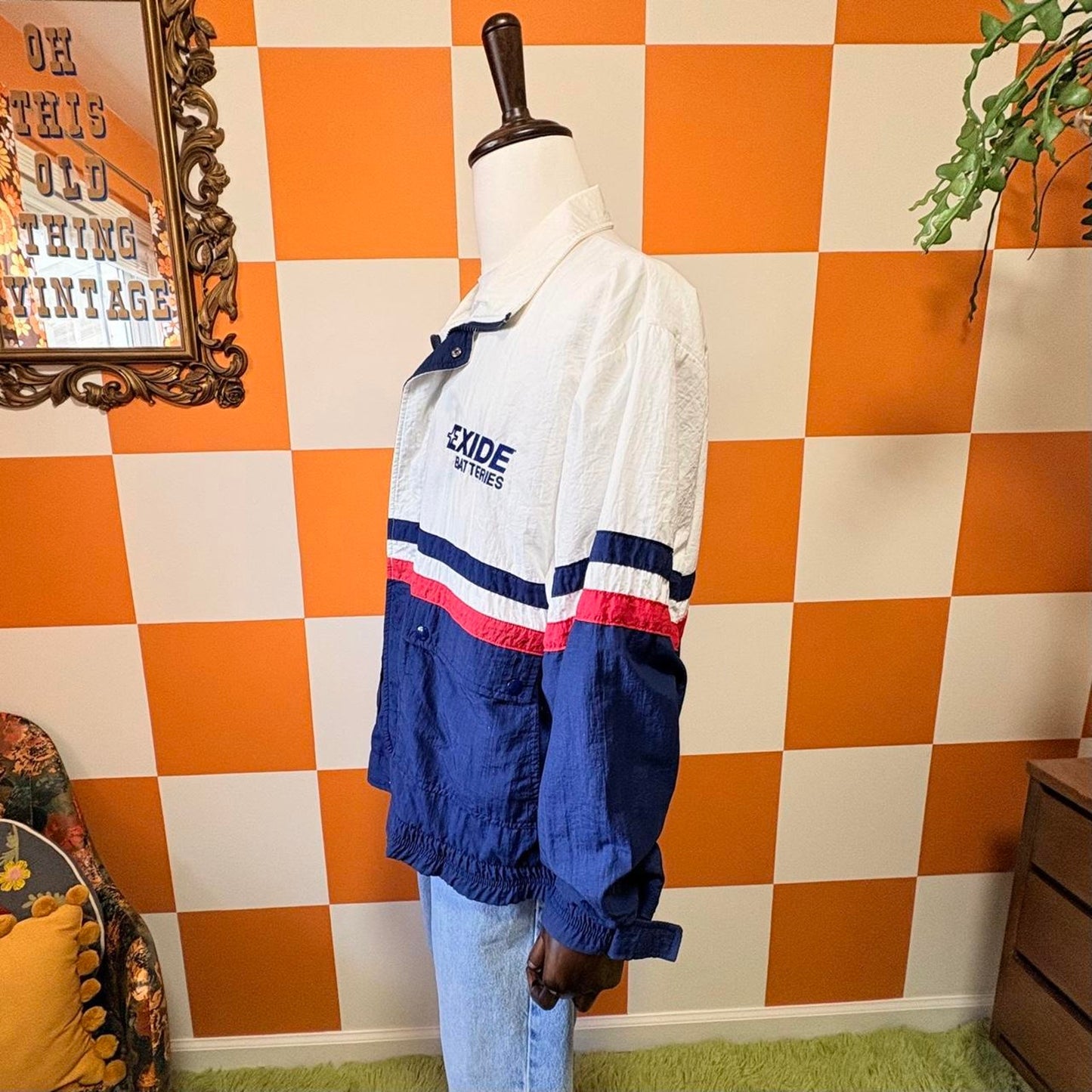 90s Vintage Red White and Blue Nylon Exide Batteries Windbreaker