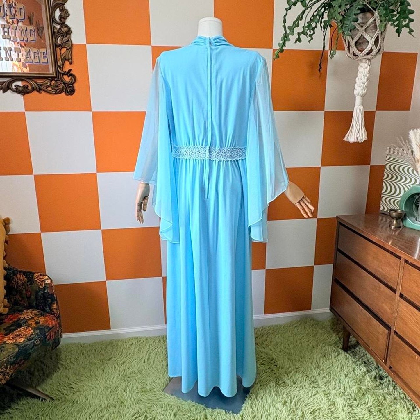 70s Vintage Blue V Neck Gown with Sheer Angel Wing Sleeves