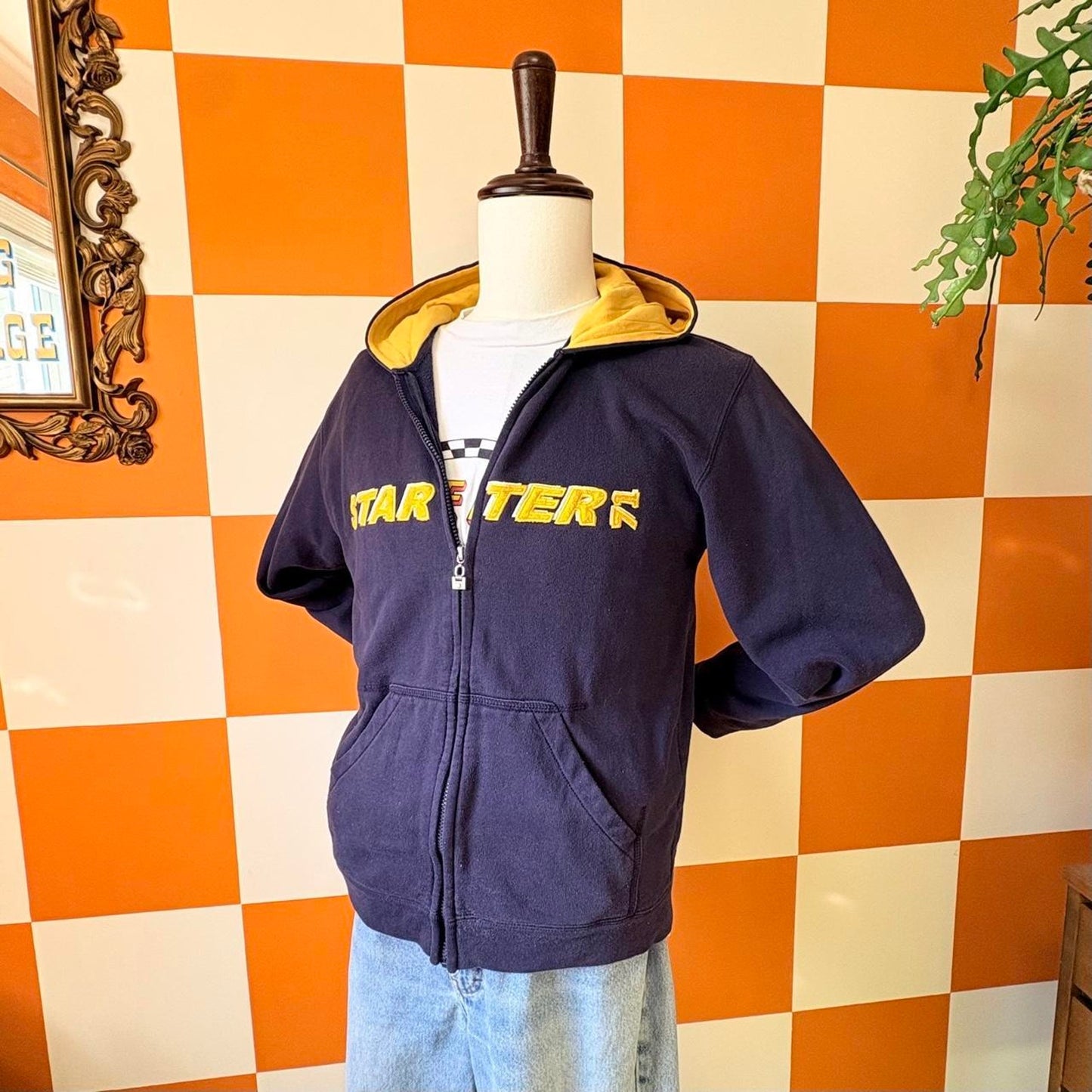 90s Y2K Navy Blue and Yellow Starter Zip Up Hoodie Sweatshirt