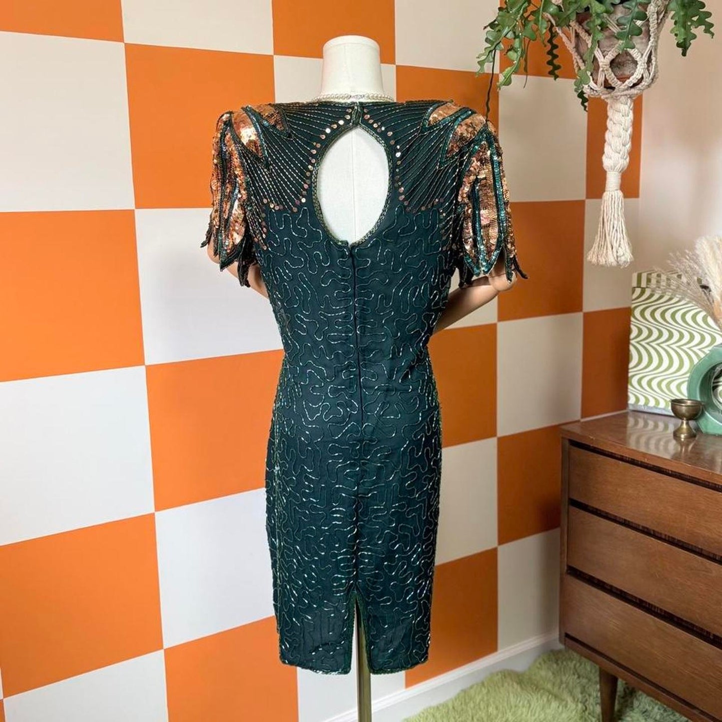 80s Vintage Emerald Green and Gold Sequin Glass Beaded Silk Dress