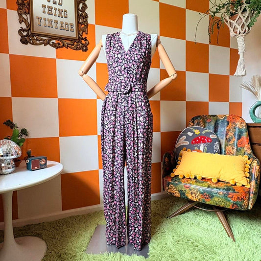 90s Vintage Pink and Black Floral Print Jumpsuit with Belt