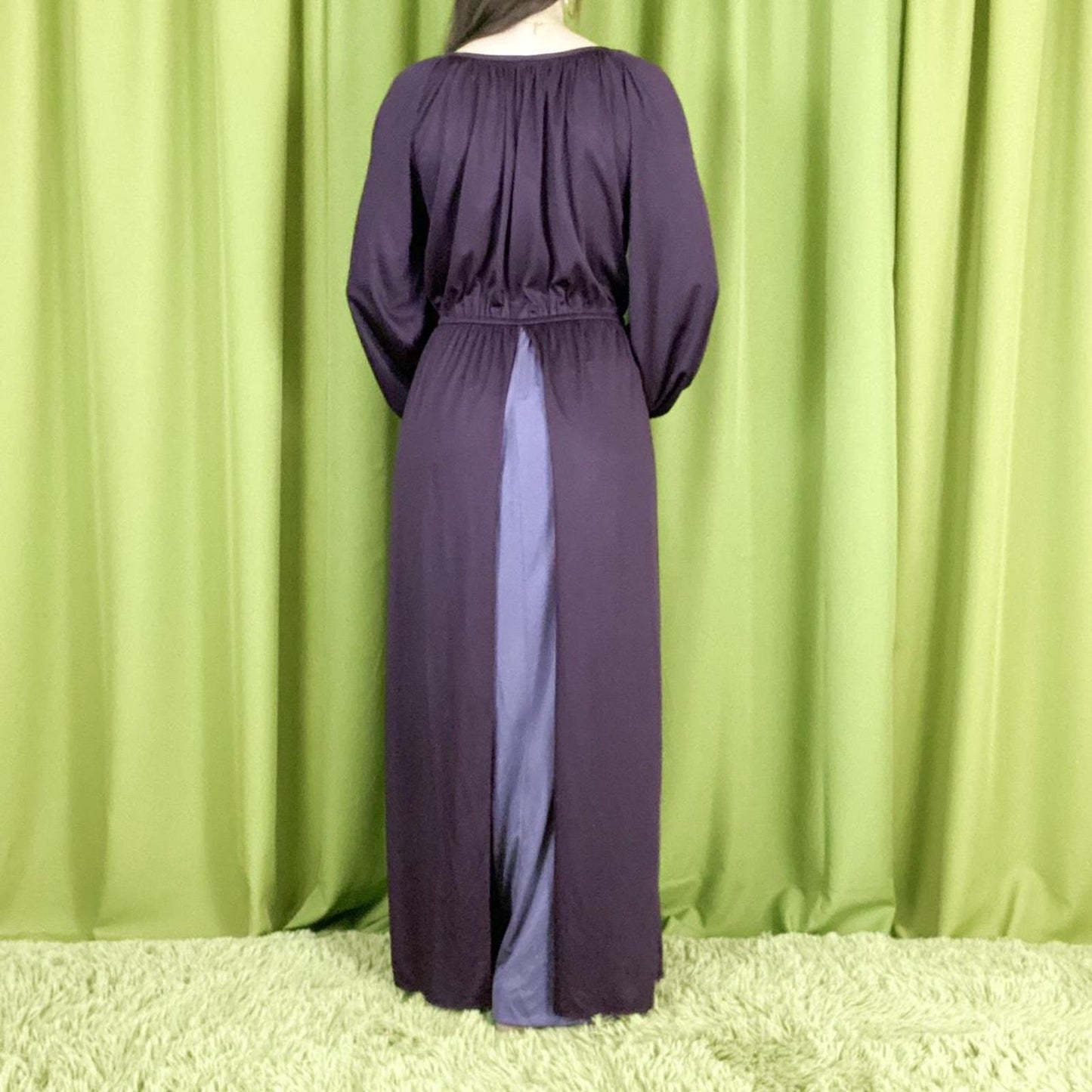 80s Vintage Dark Plum Slouchy A Line Poly Maxi Dress with Monochrome Layering