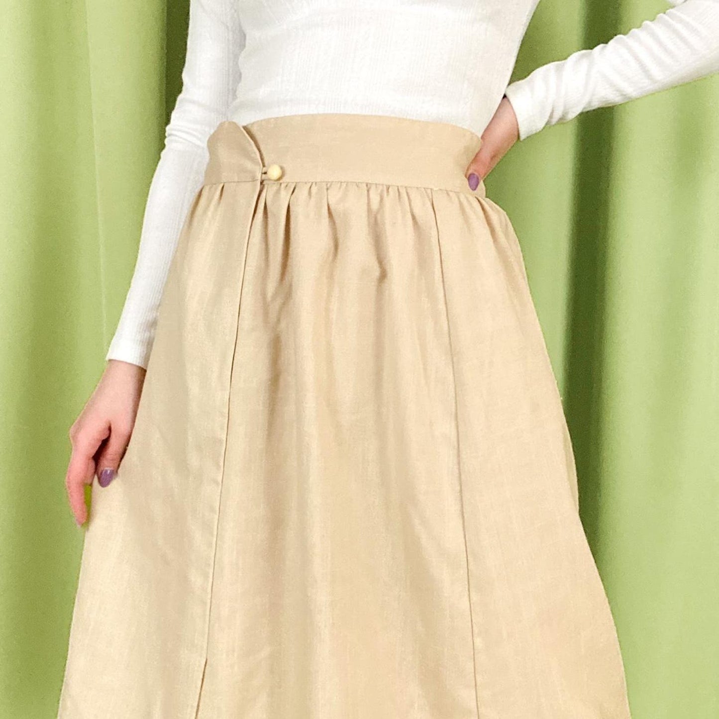 70s Vintage Beige Linen Style A Line Midi Skirt