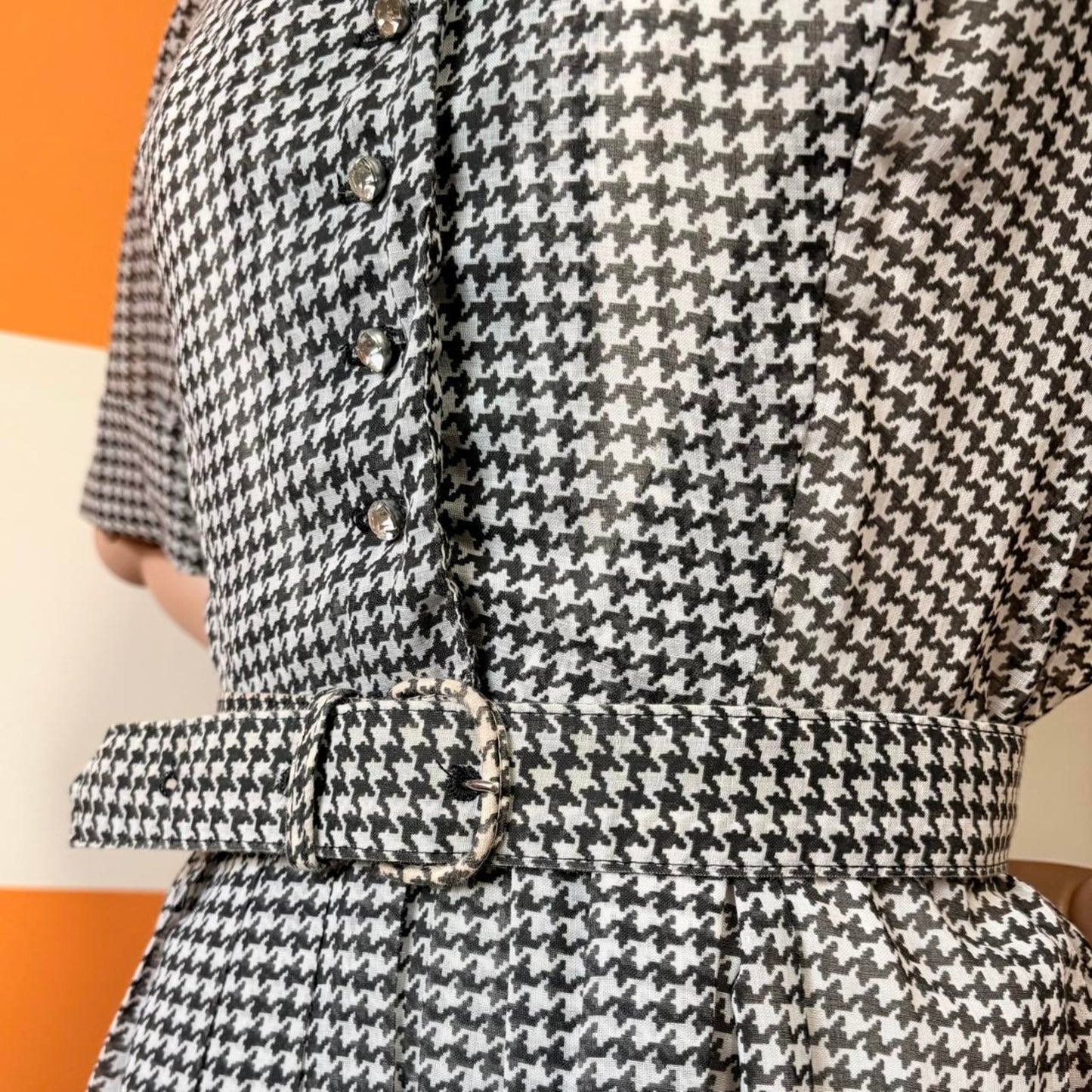 50s Vintage Black and White Houndstooth Pleated Midi Shirt Dress