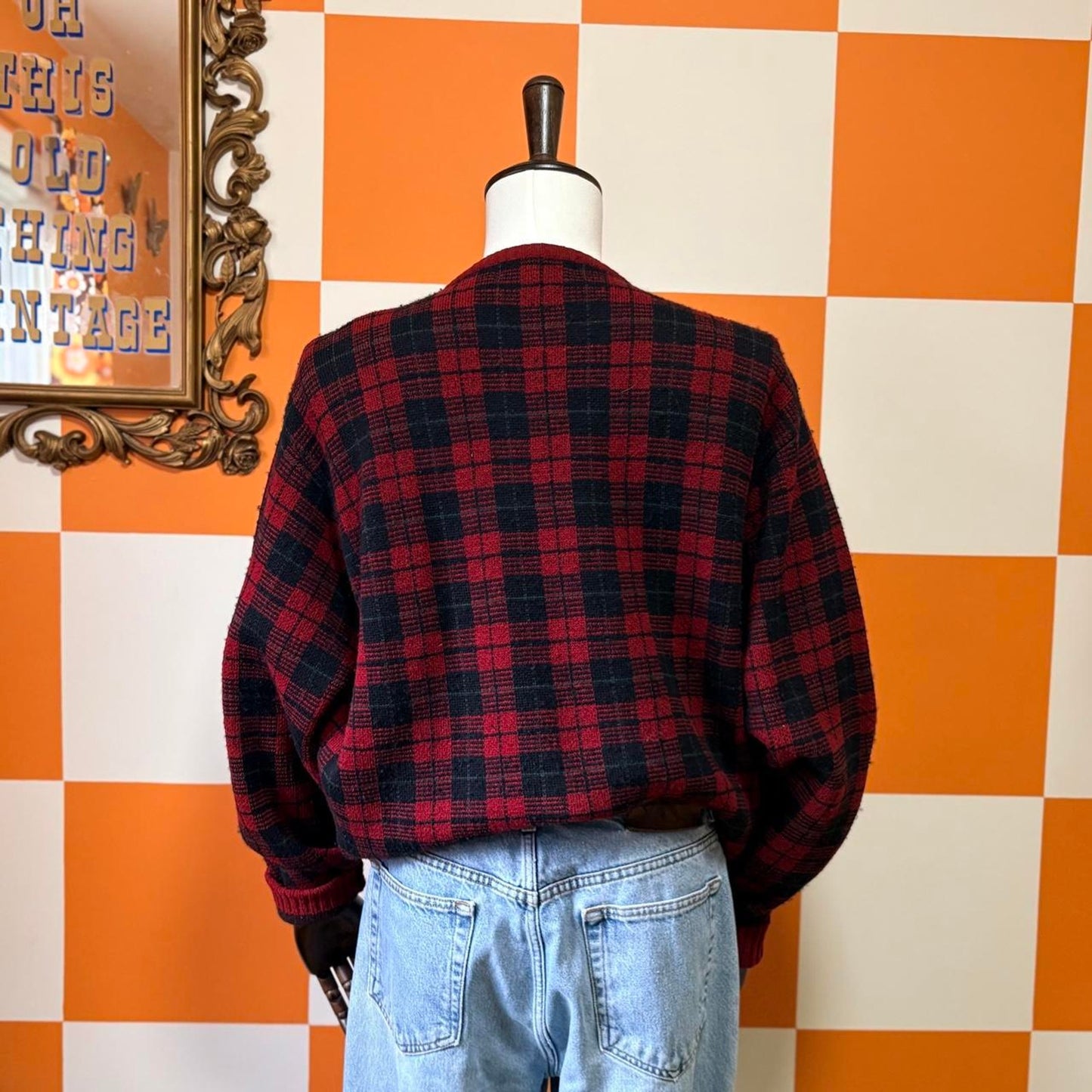 90s Vintage Red and Black Plaid 100% Wool Crew Neck Sweater