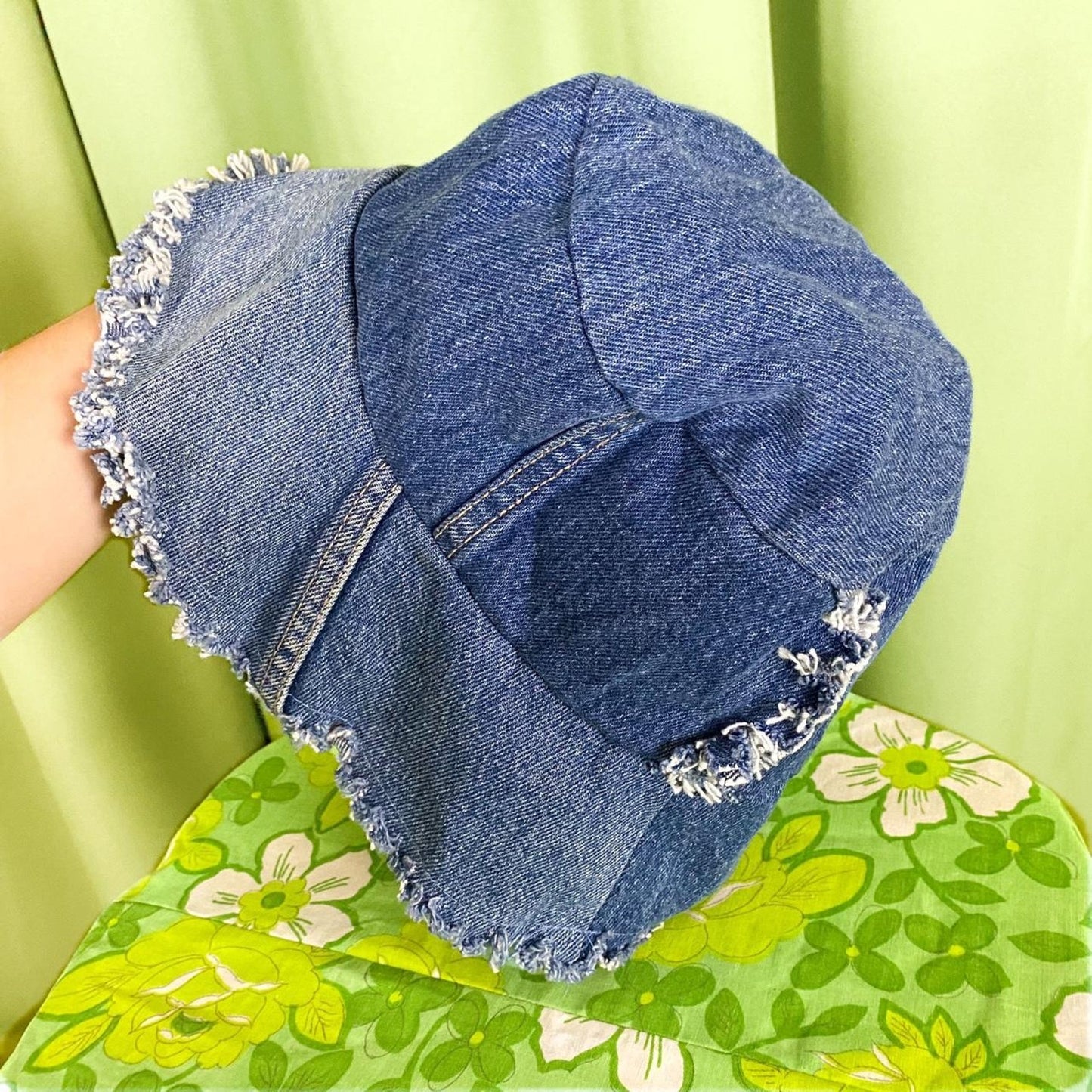 90s Y2K Denim Bucket Hat with Raw Distressed Seams