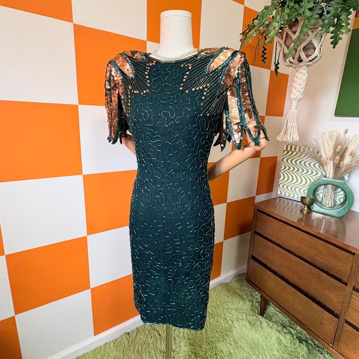 80s Vintage Emerald Green and Gold Sequin Glass Beaded Silk Dress