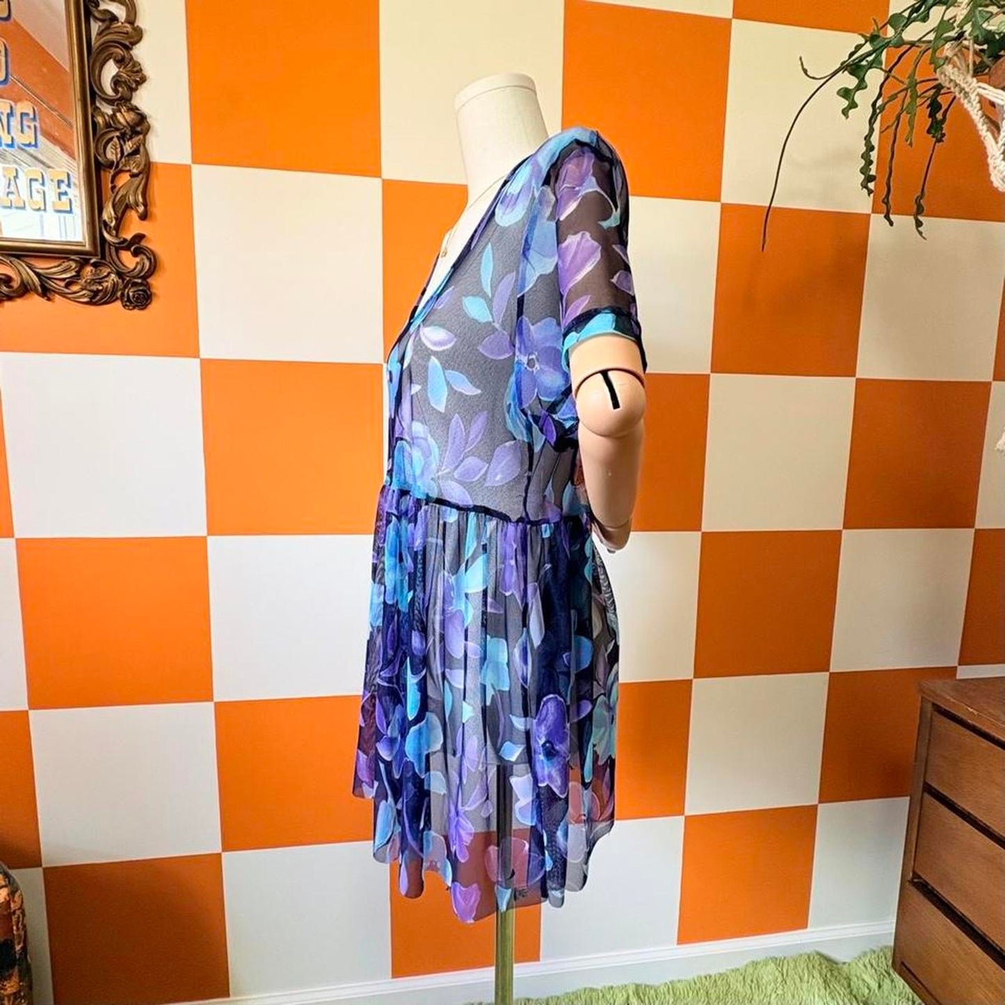 90s Vintage Monochromatic Blue Floral Print Sheer Babydoll Dress
