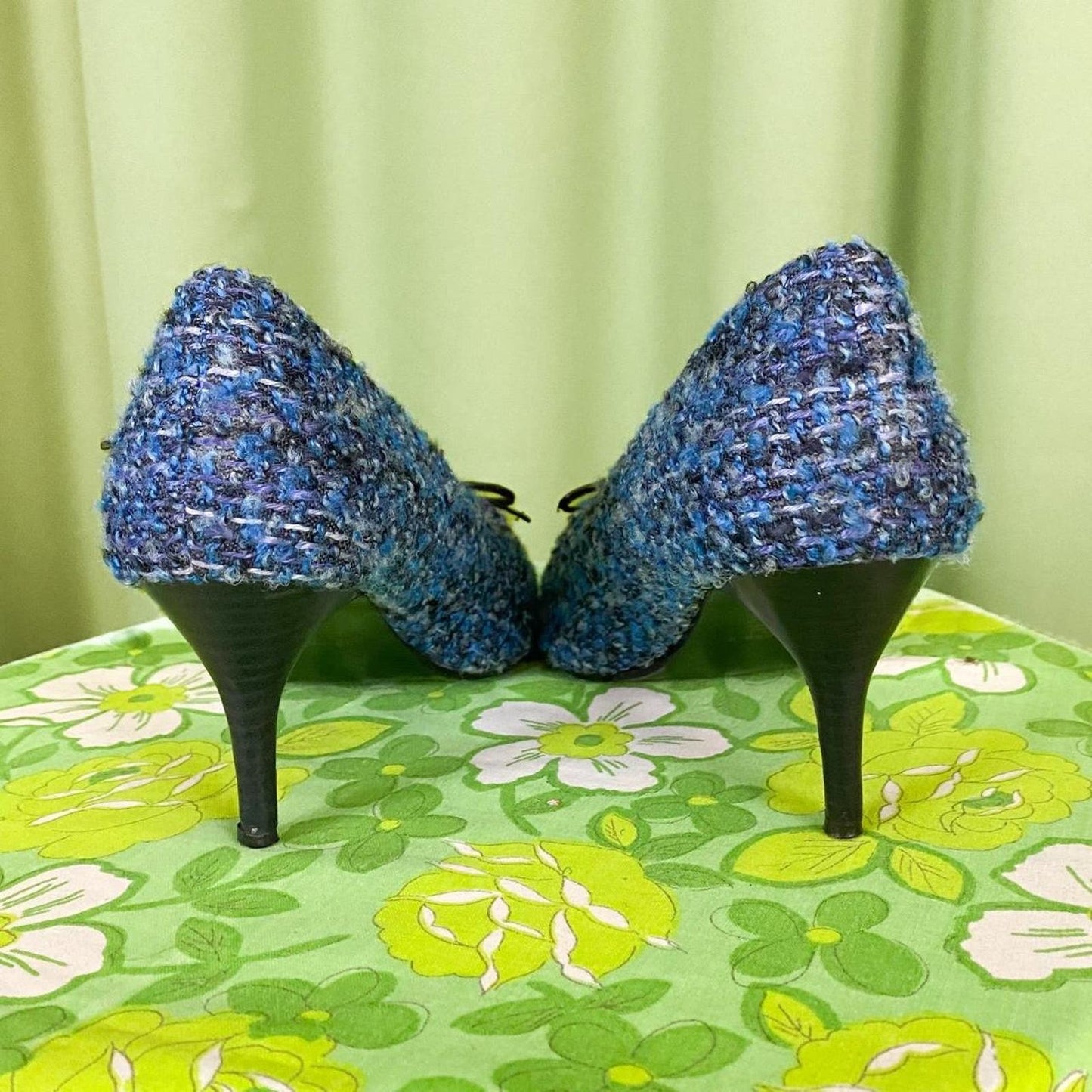 90s Vintage Blue and Purple Woven Tweed Style Pointed Toe Kitten Heel Pumps