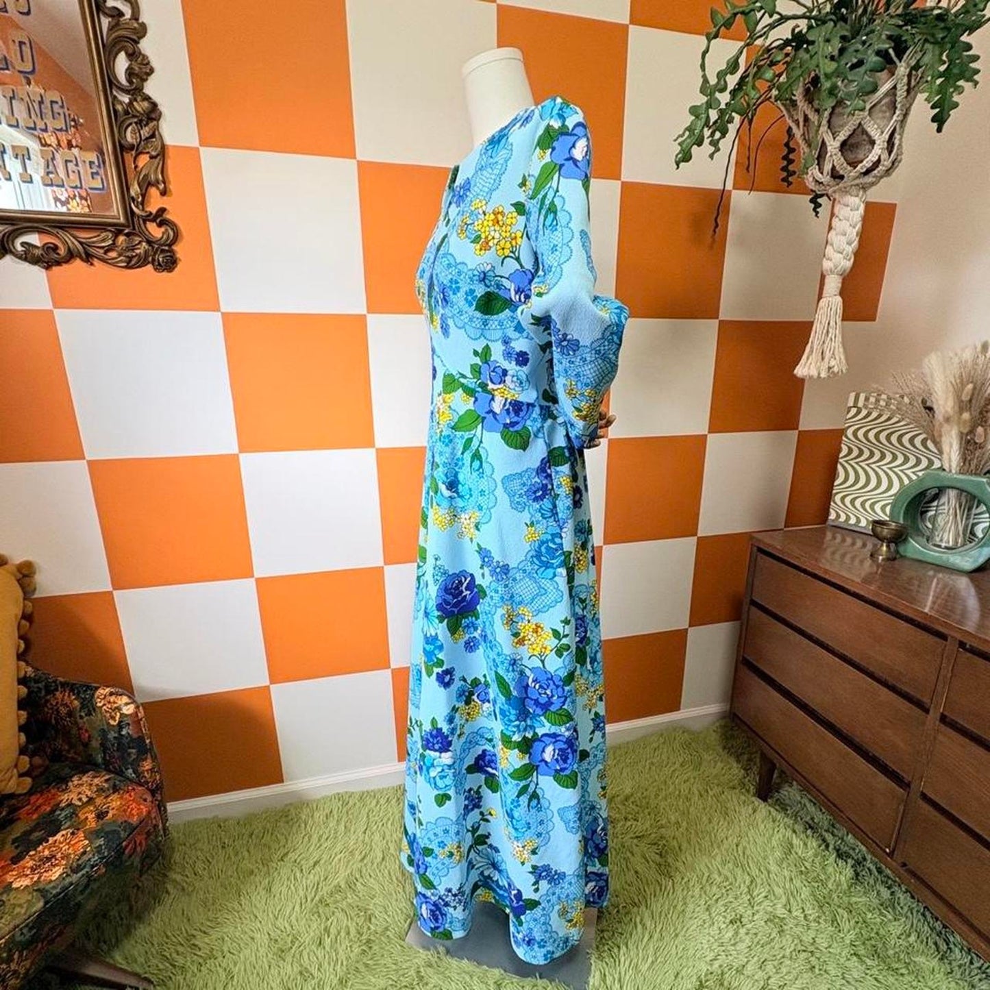 70s Vintage Blue and Yellow Flower Power Floral Print Long Sleeve Maxi Dress