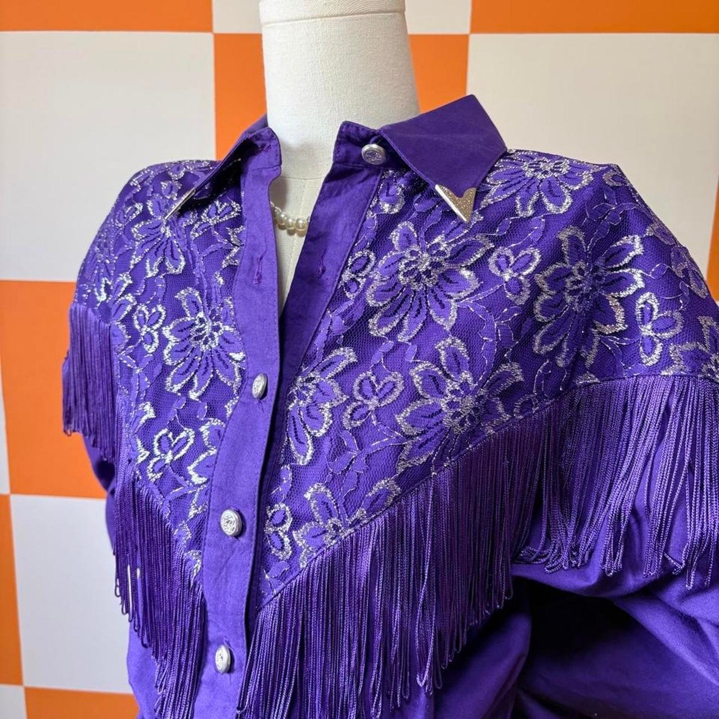 80s Vintage Purple Lace Fringe Midi Western Cowgirl Dress