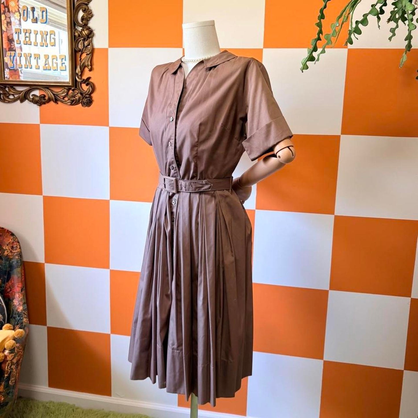 60s Vintage Chocolate Brown A Line Pleated Fit and Flare Midi Shirt Dress