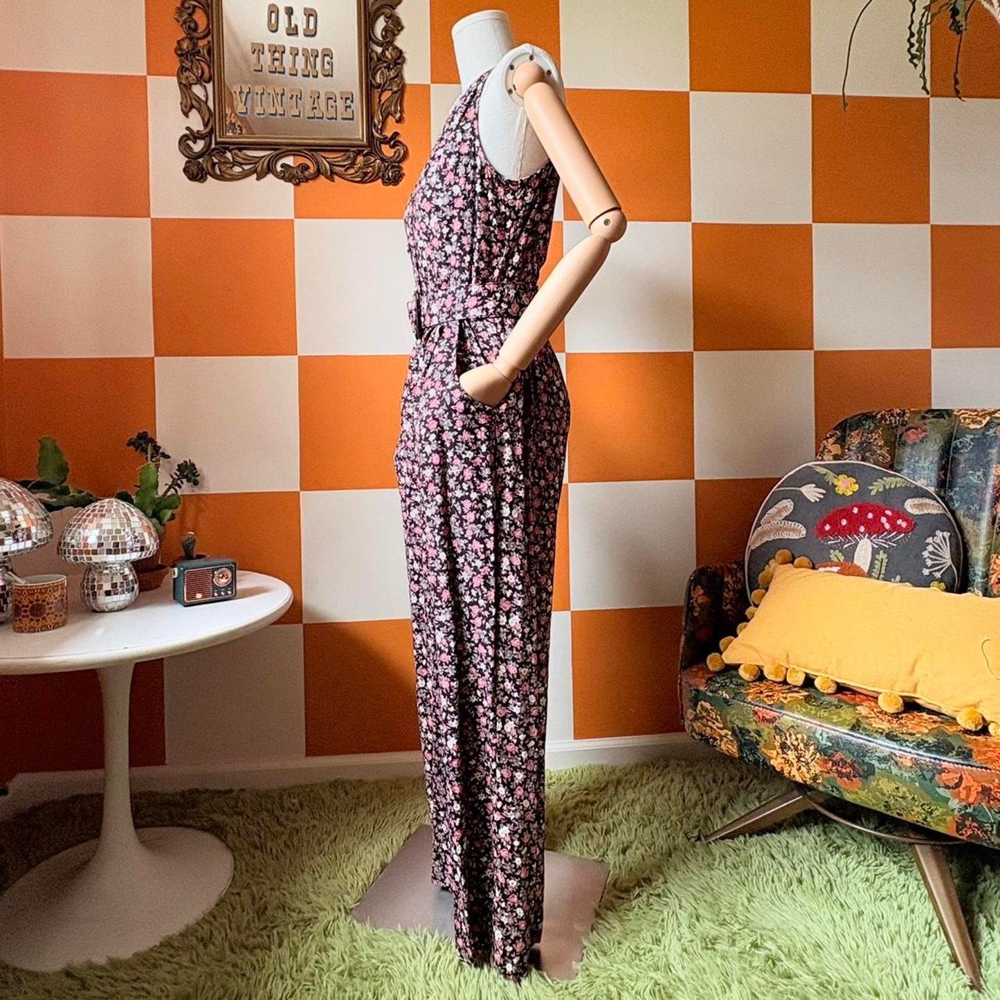 90s Vintage Pink and Black Floral Print Jumpsuit with Belt