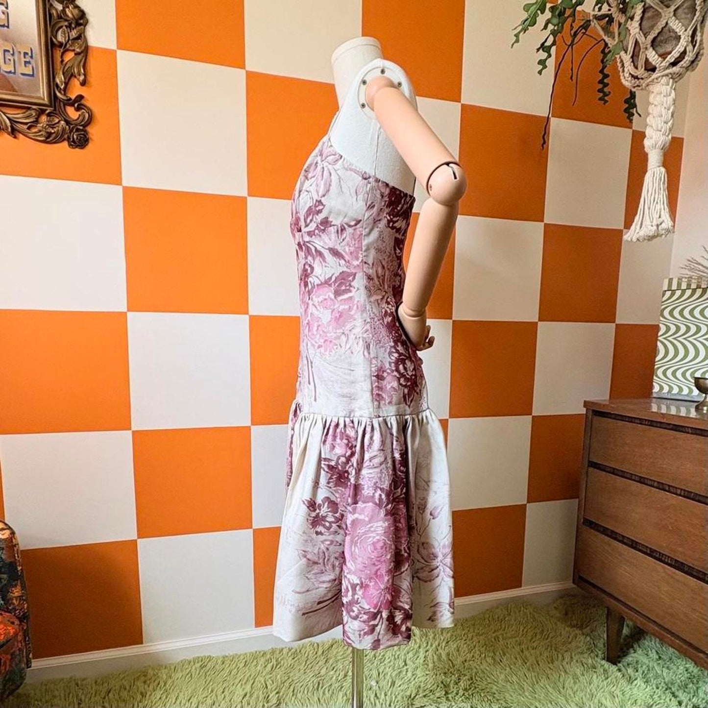 Y2K Vintage Pink and Beige Floral Print 100% Silk Drop Waist Mini Dress