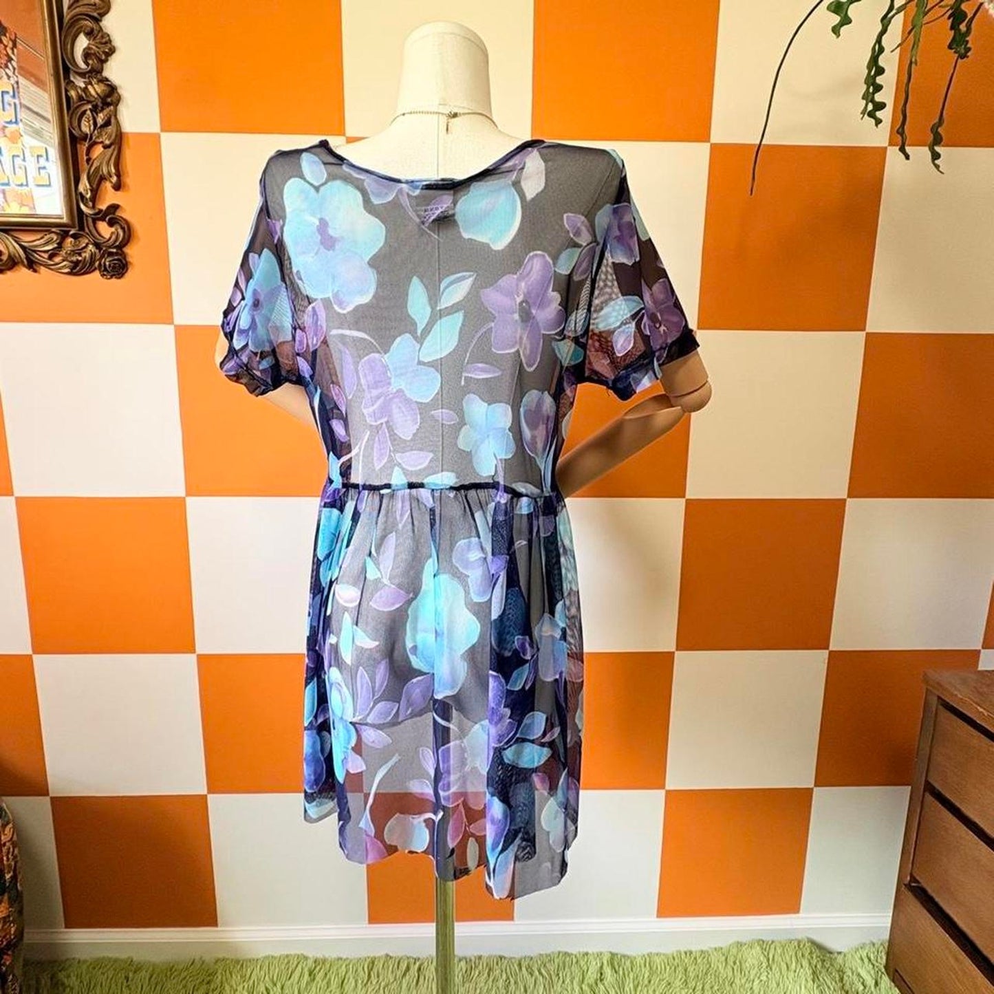 90s Vintage Monochromatic Blue Floral Print Sheer Babydoll Dress