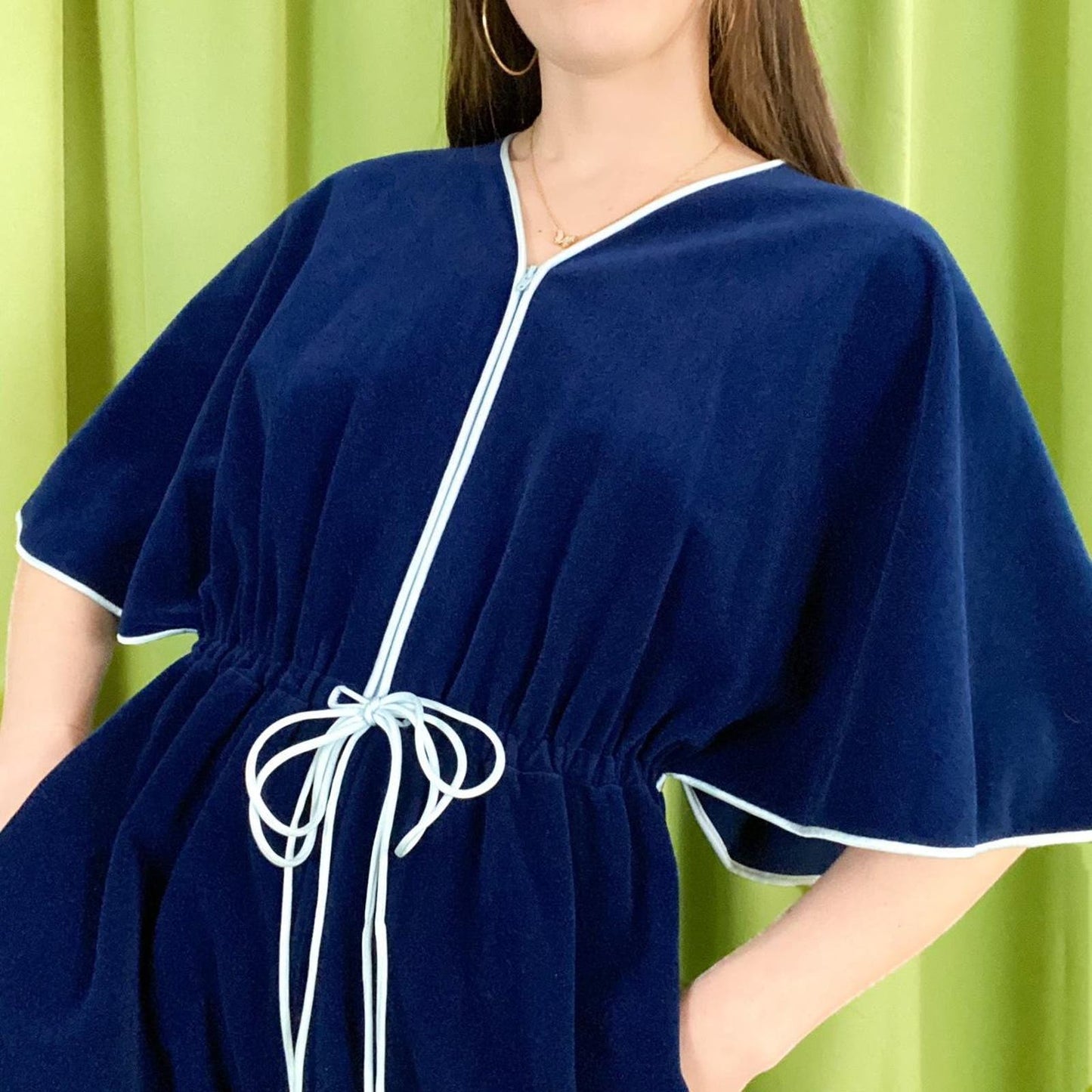 70s Vintage Navy and Light Blue Velvet Batwing Sleeve Vanity Fair Robe