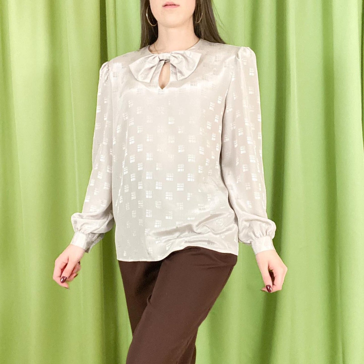 90s Vintage Beige Plaid Geometric Print Satin Blouse with Bow Keyhole Collar