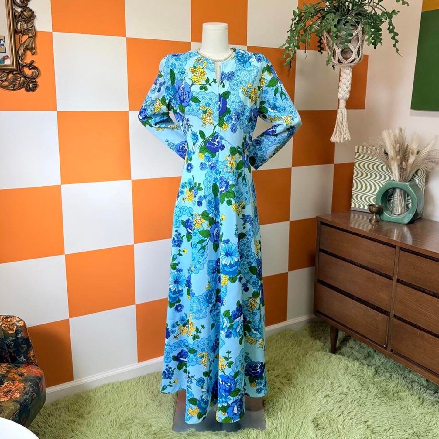 70s Vintage Blue and Yellow Flower Power Floral Print Long Sleeve Maxi Dress