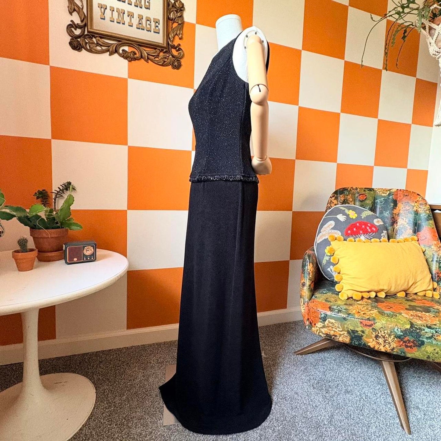 90s Vintage Black Glittery Black Slinky Stretchy Scott McClintock Formal Gown