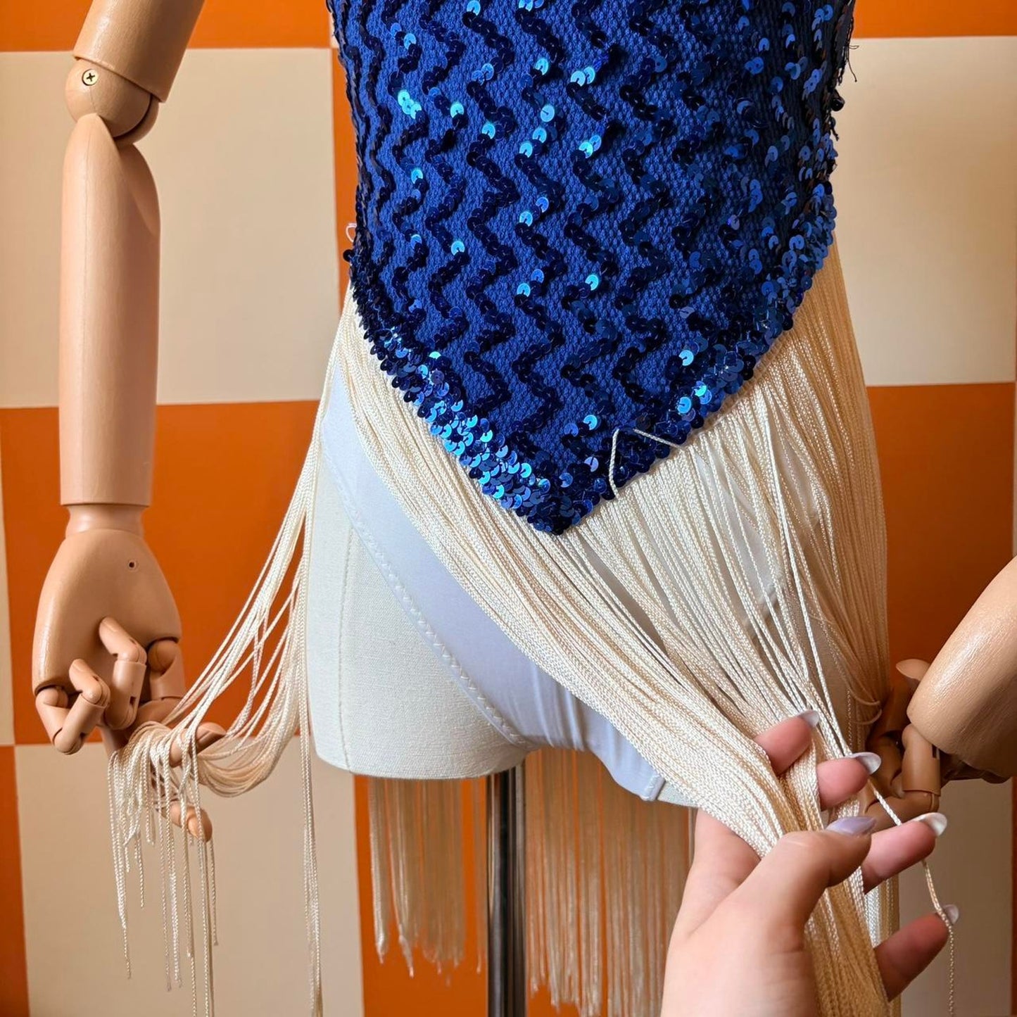 80s Vintage Blue and White Sequin and Fringe Showgirl Costume