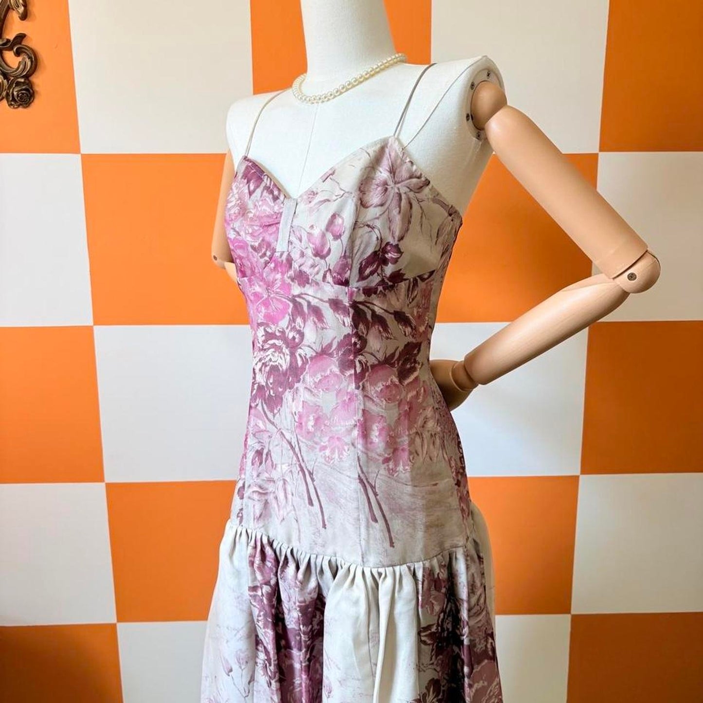 Y2K Vintage Pink and Beige Floral Print 100% Silk Drop Waist Mini Dress