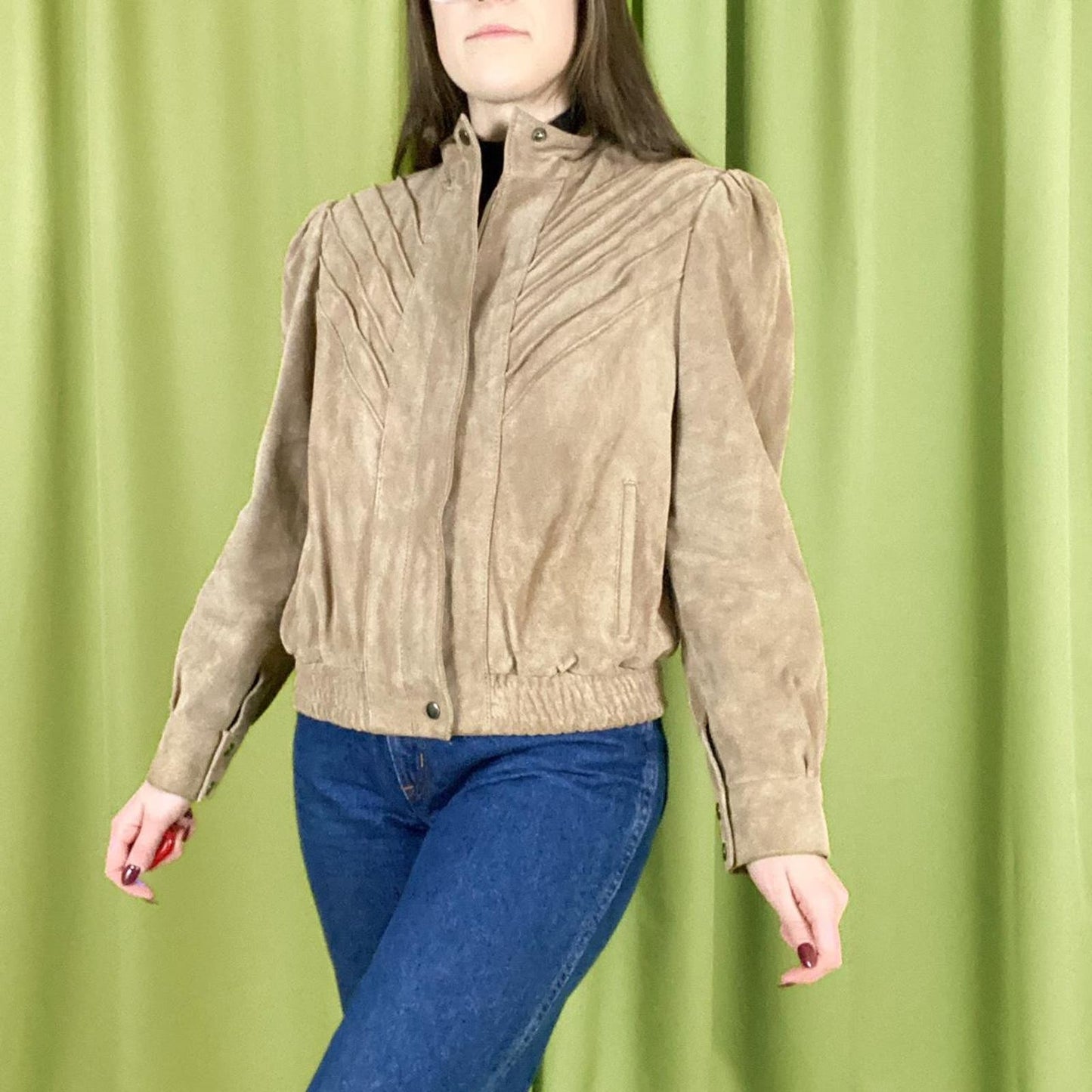 80s Vintage Tan 100% Genuine Suede Leather Chevron Pleat Bomber Jacket