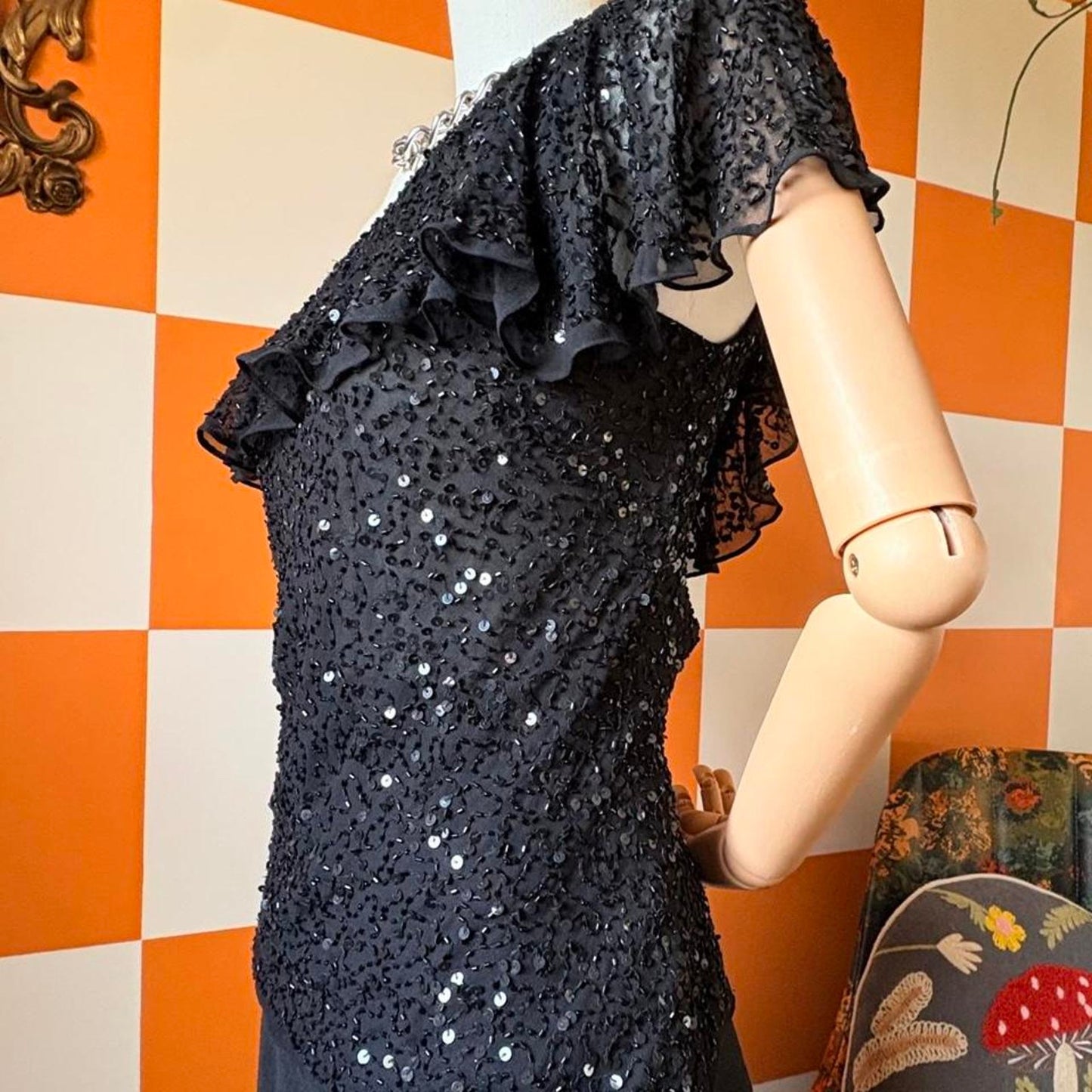 Y2K Vintage Black Beaded Sequin Asymmetrical Flutter Sleeve Silk Blouse