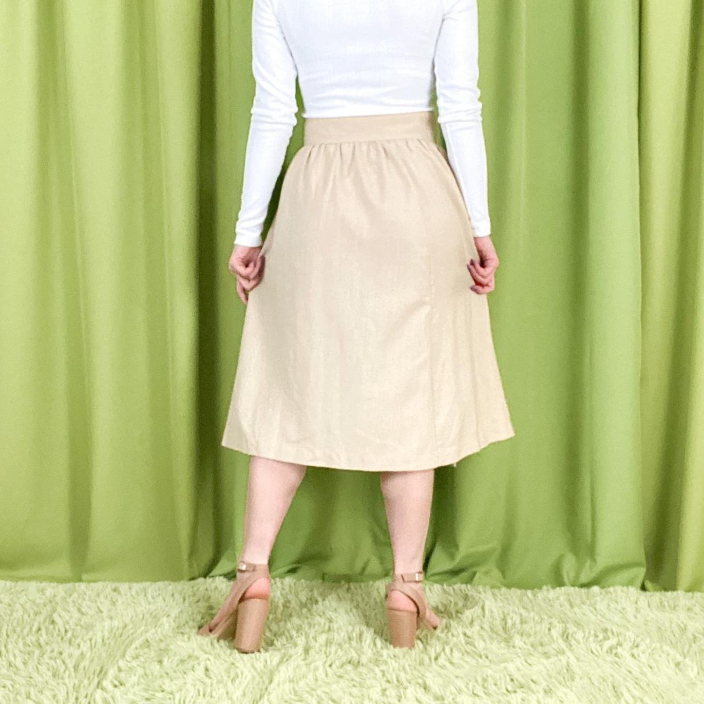 70s Vintage Beige Linen Style A Line Midi Skirt