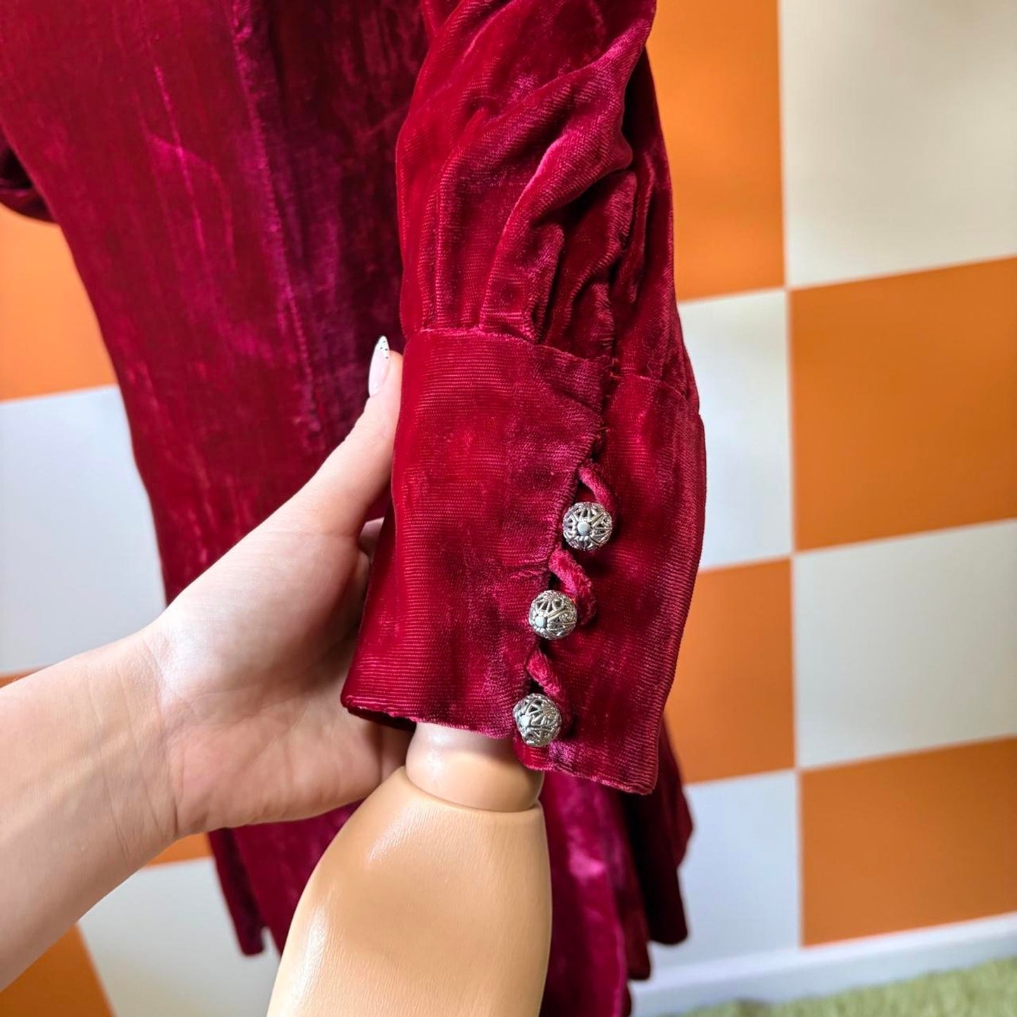 60s Vintage Maroon Red Crushed Velvet Drop Waist Mini Dress