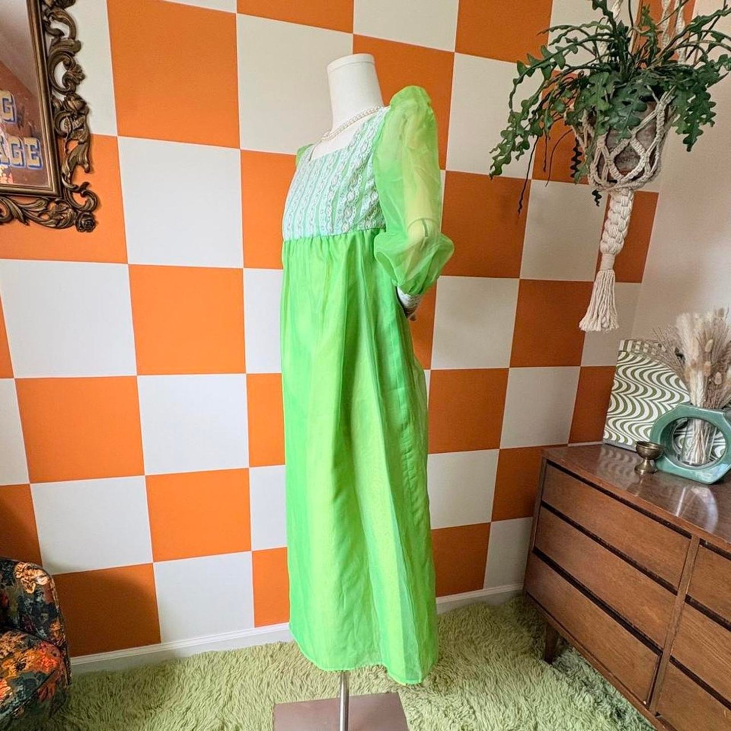 60s Vintage Bright Green Lace Balloon Sleeve Empire Waist Gown