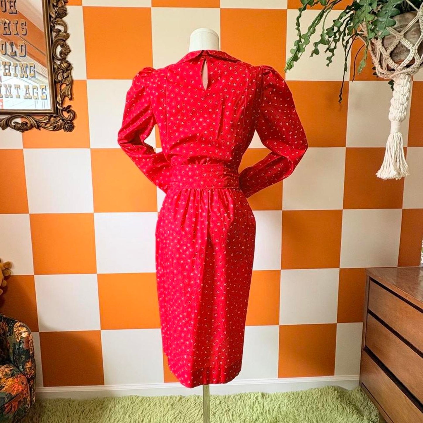 80s Vintage Red Geometric Print Peter Pan Pussybow Collar Midi Dress