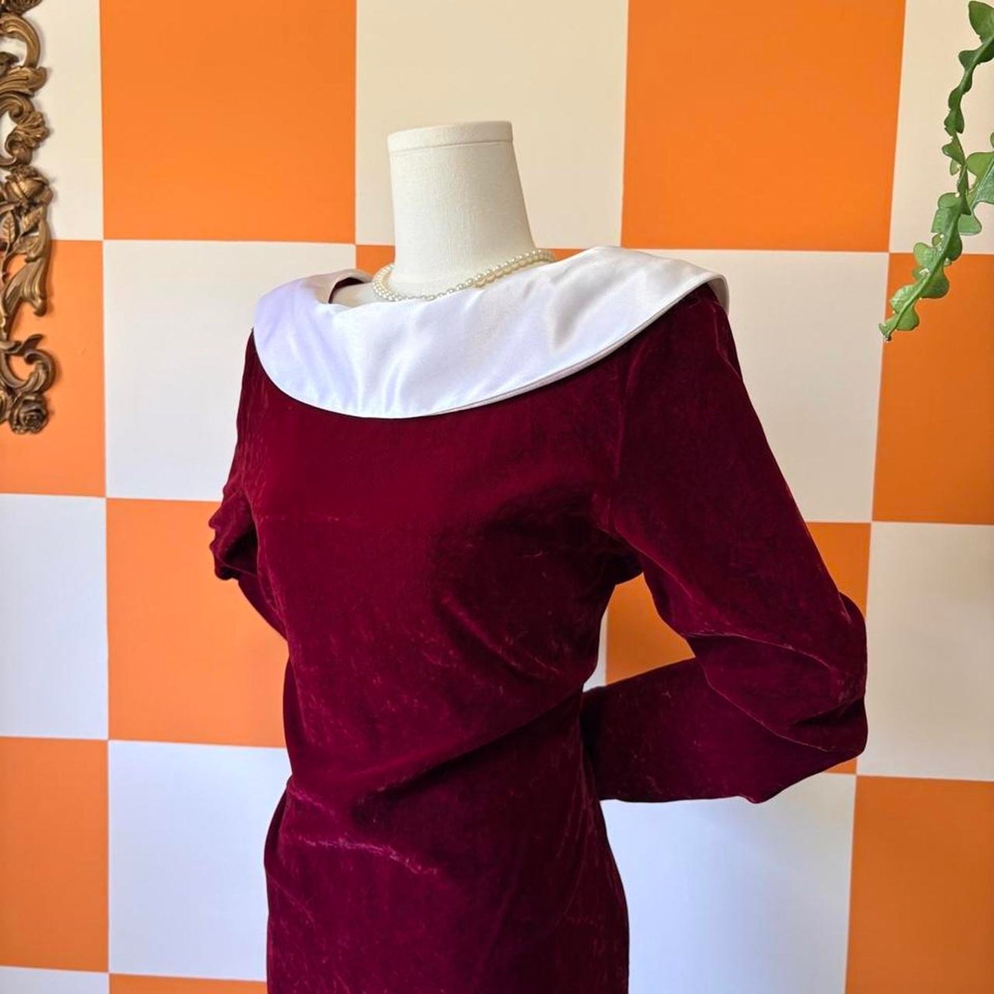 80s Vintage Maroon Velvet Midi Dress with White Satin Cowl Boat Neck Collar