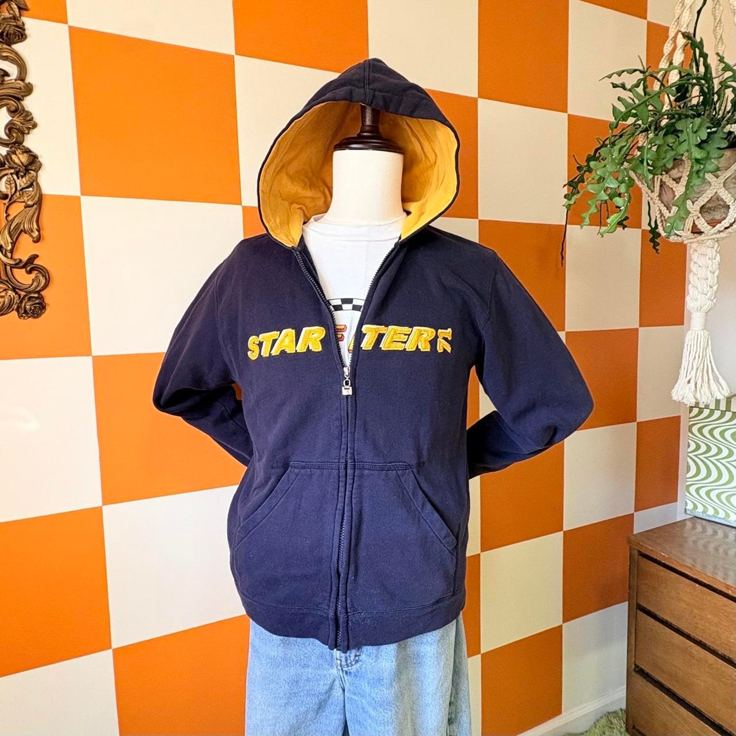 90s Y2K Navy Blue and Yellow Starter Zip Up Hoodie Sweatshirt