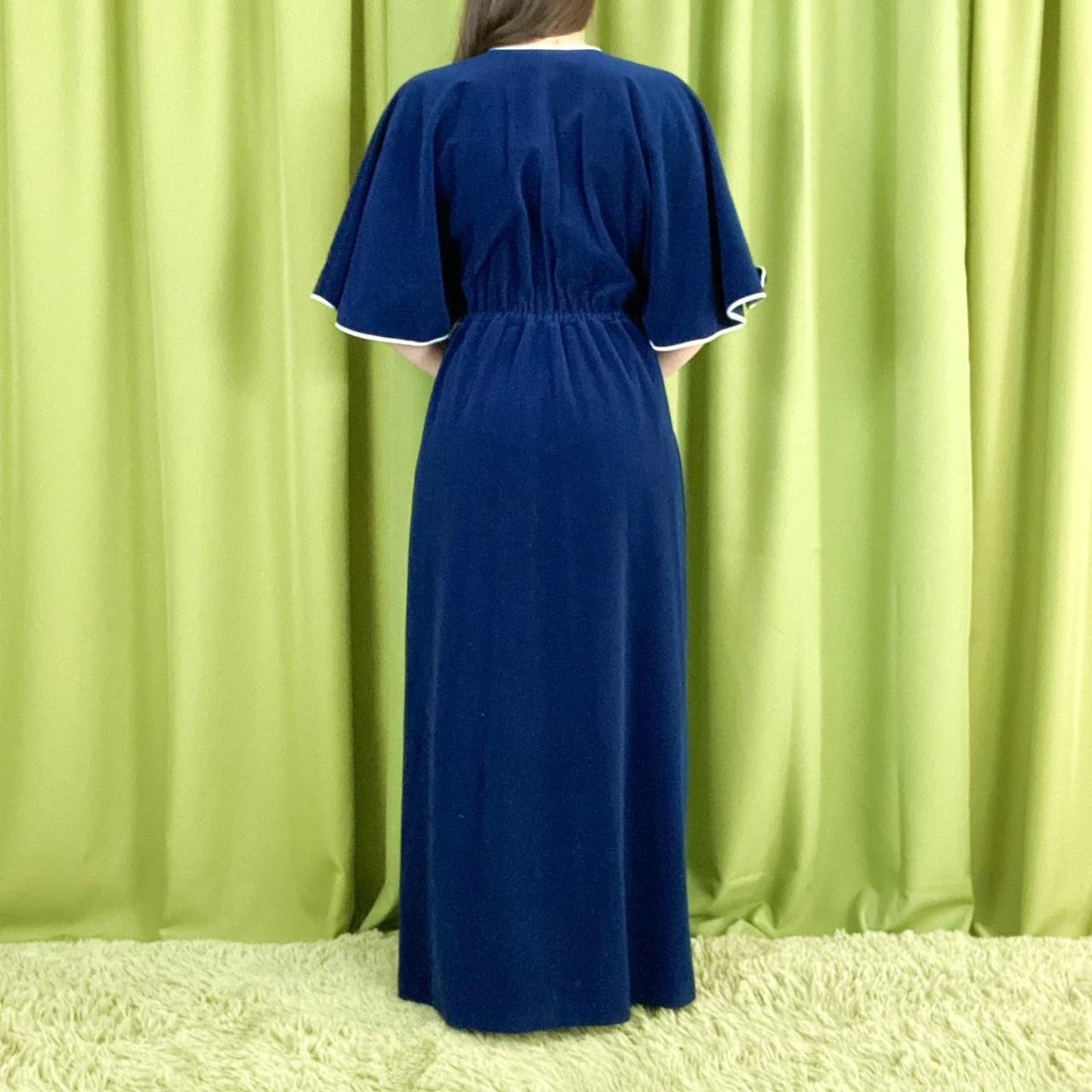 70s Vintage Navy and Light Blue Velvet Batwing Sleeve Vanity Fair Robe