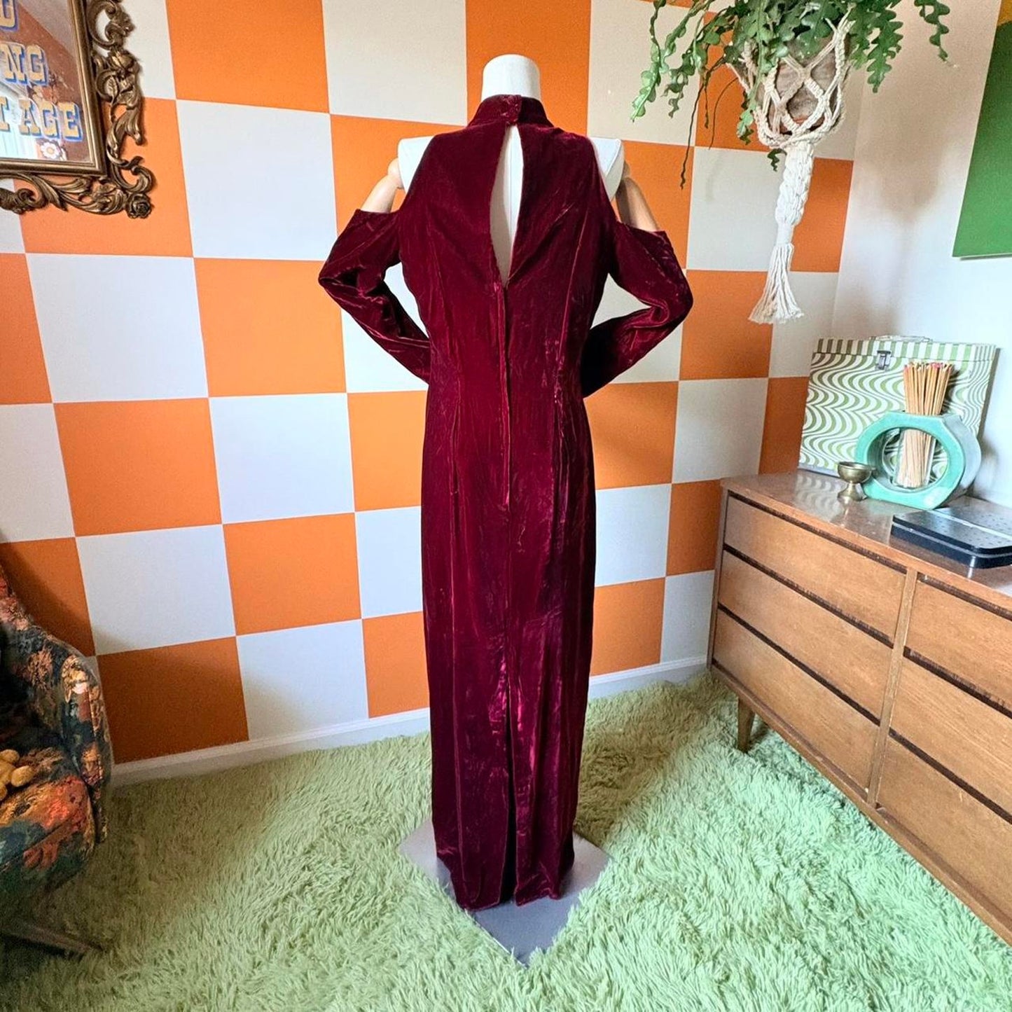 80s Vintage Maroon Velvet Cold Shoulder Keyhole Gown