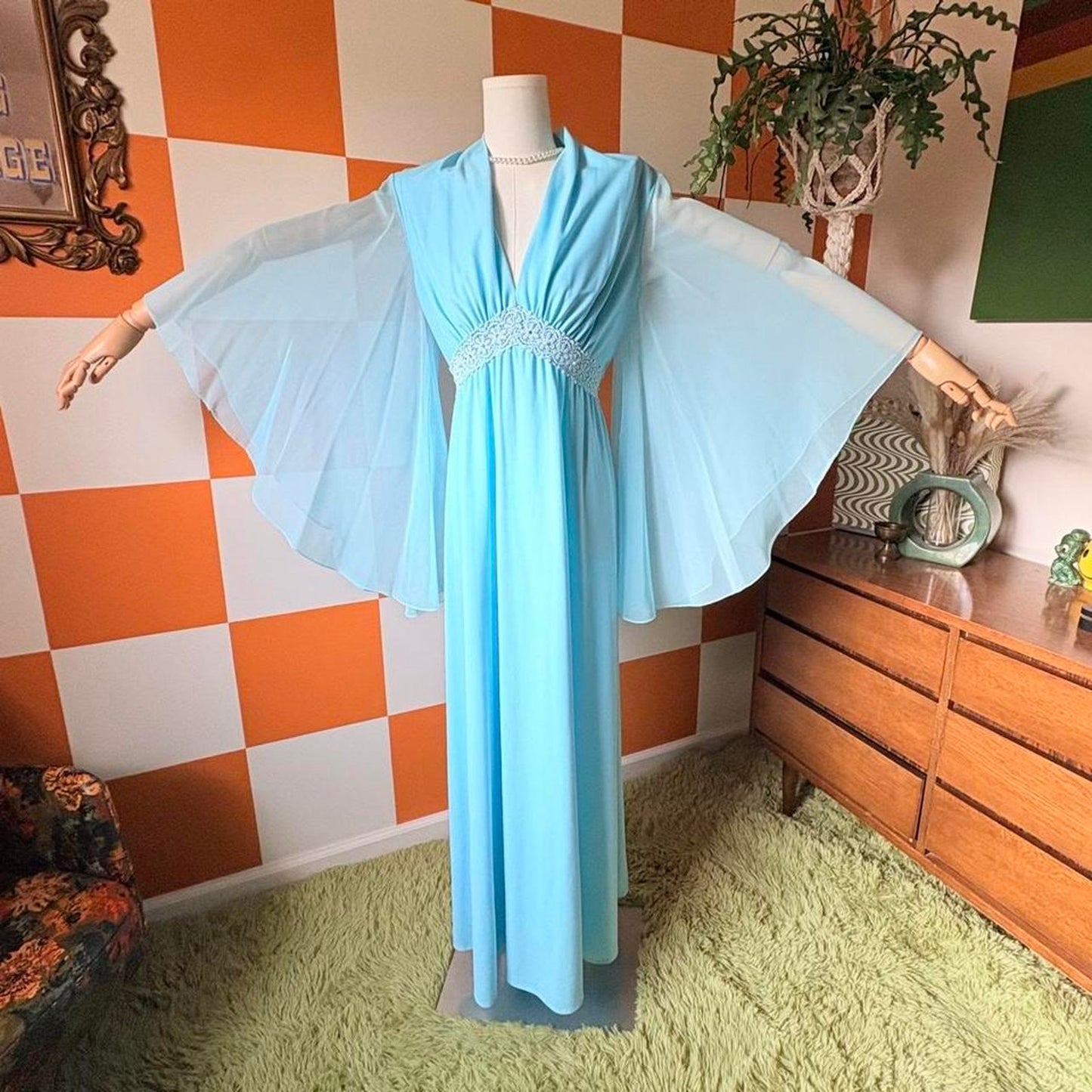 70s Vintage Blue V Neck Gown with Sheer Angel Wing Sleeves