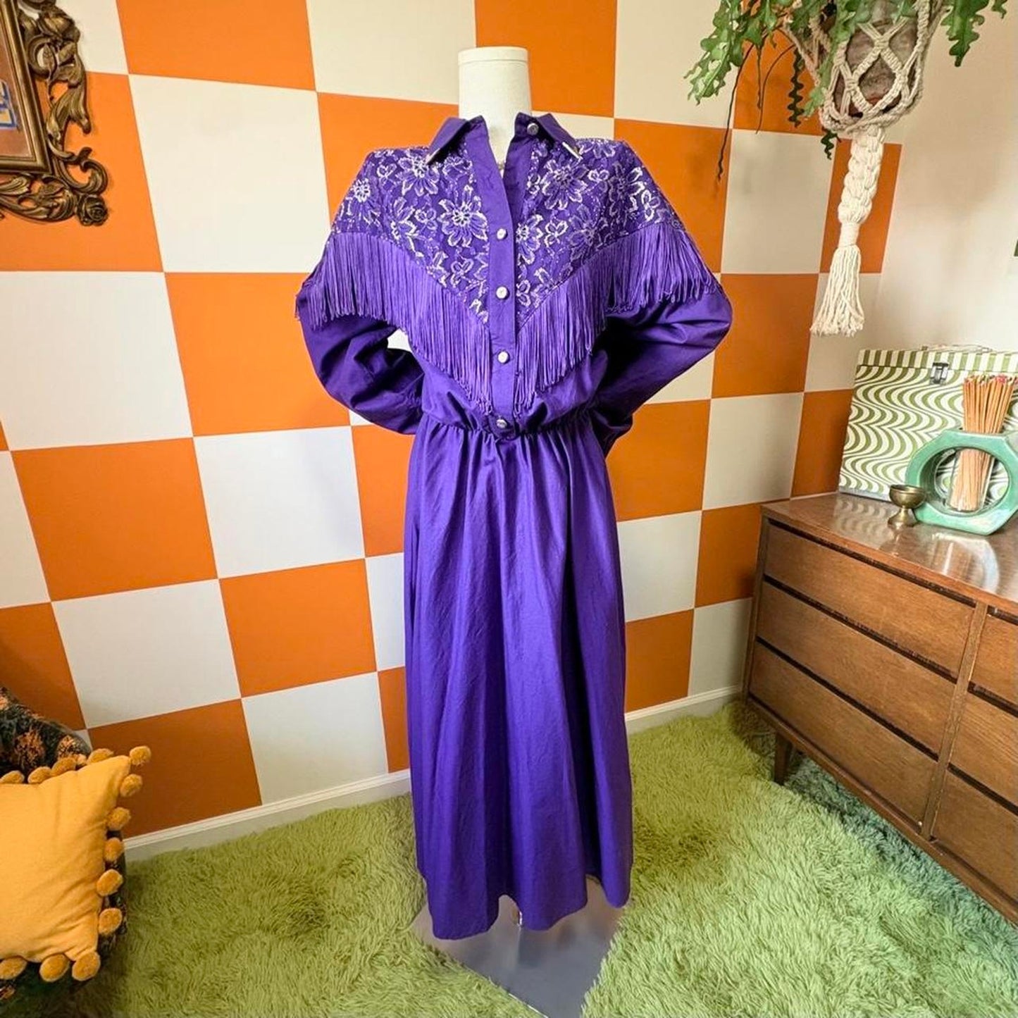 80s Vintage Purple Lace Fringe Midi Western Cowgirl Dress