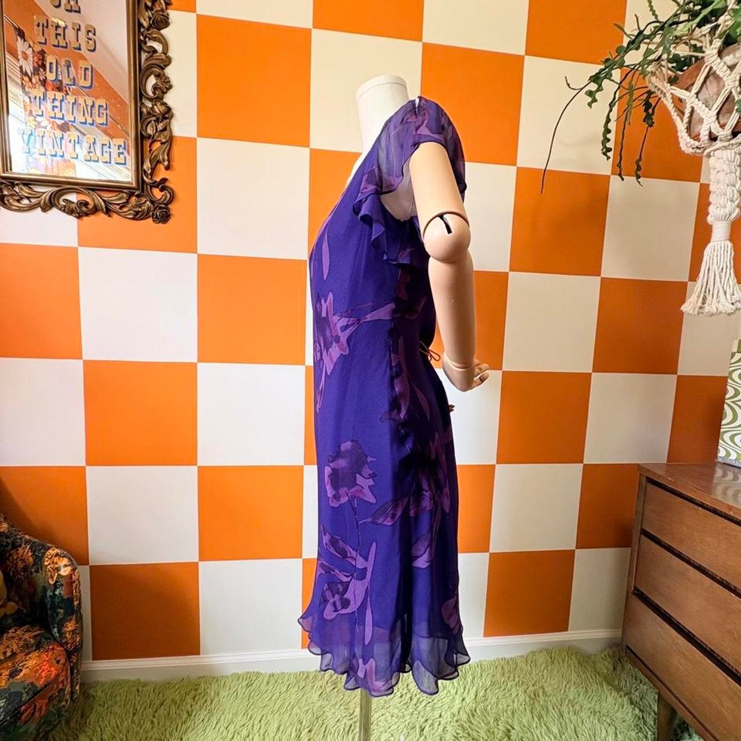 NWT Y2K Vintage Monochrome Purple Floral Print Silk Mini Flutter Sleeve Dress