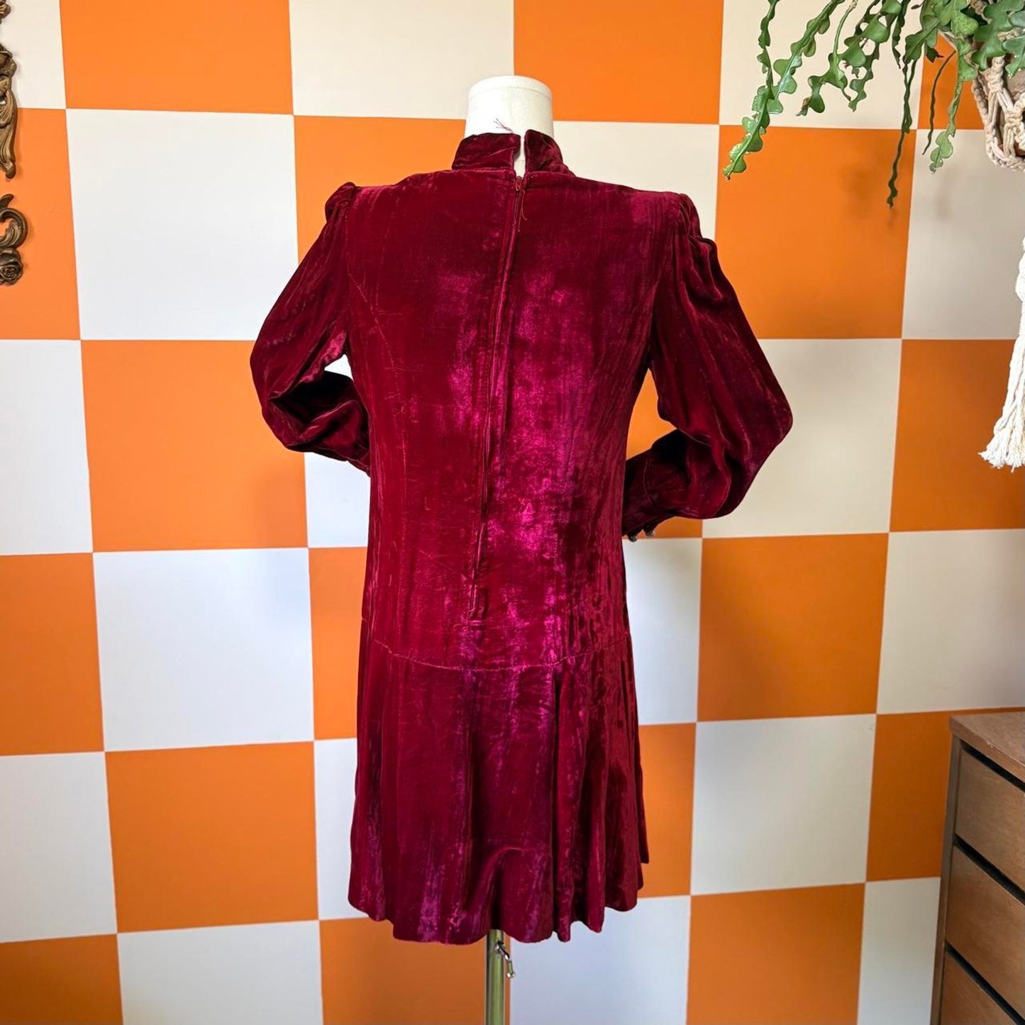 60s Vintage Maroon Red Crushed Velvet Drop Waist Mini Dress