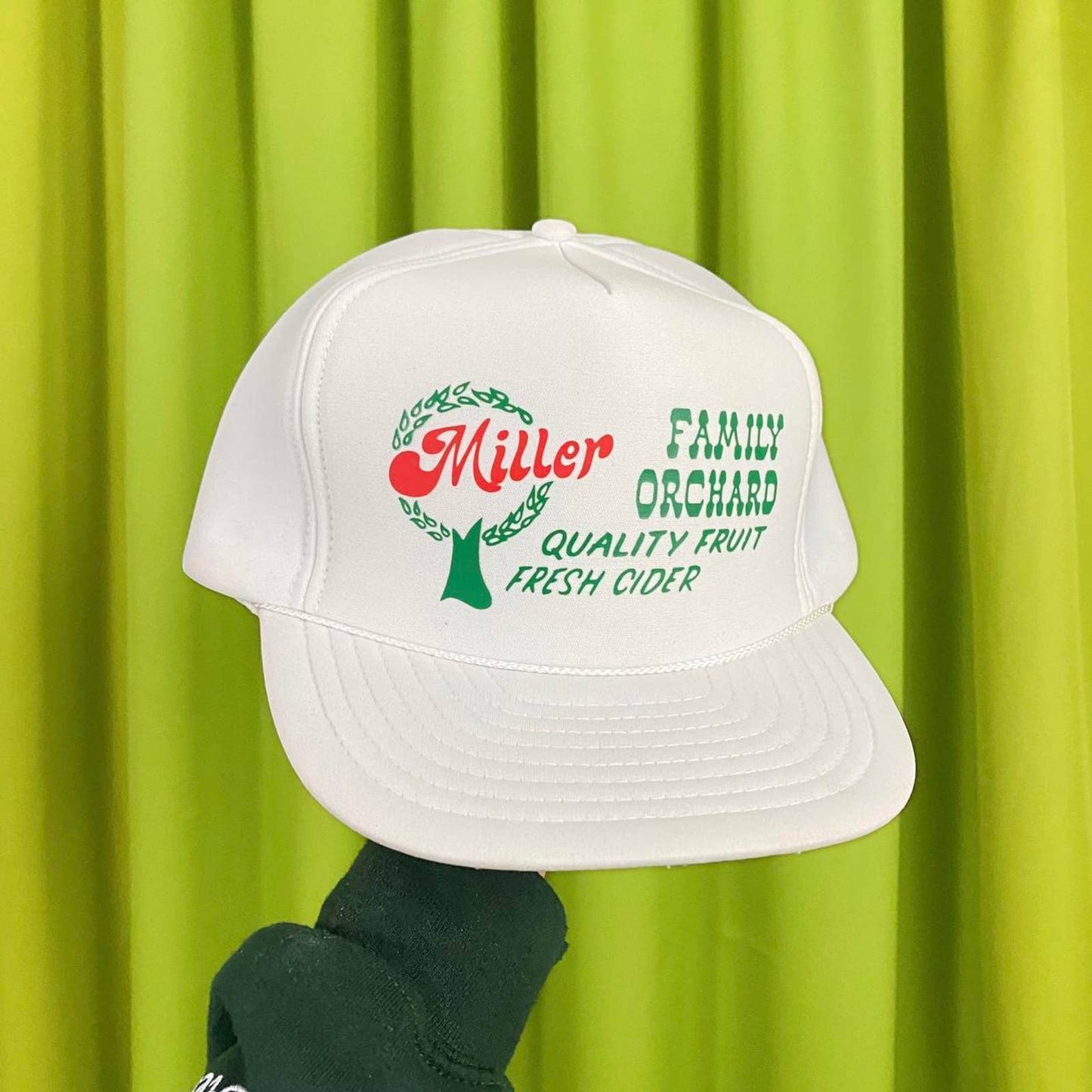 90s Vintage White Miller Family Orchard Flat Bill Trucker Hat