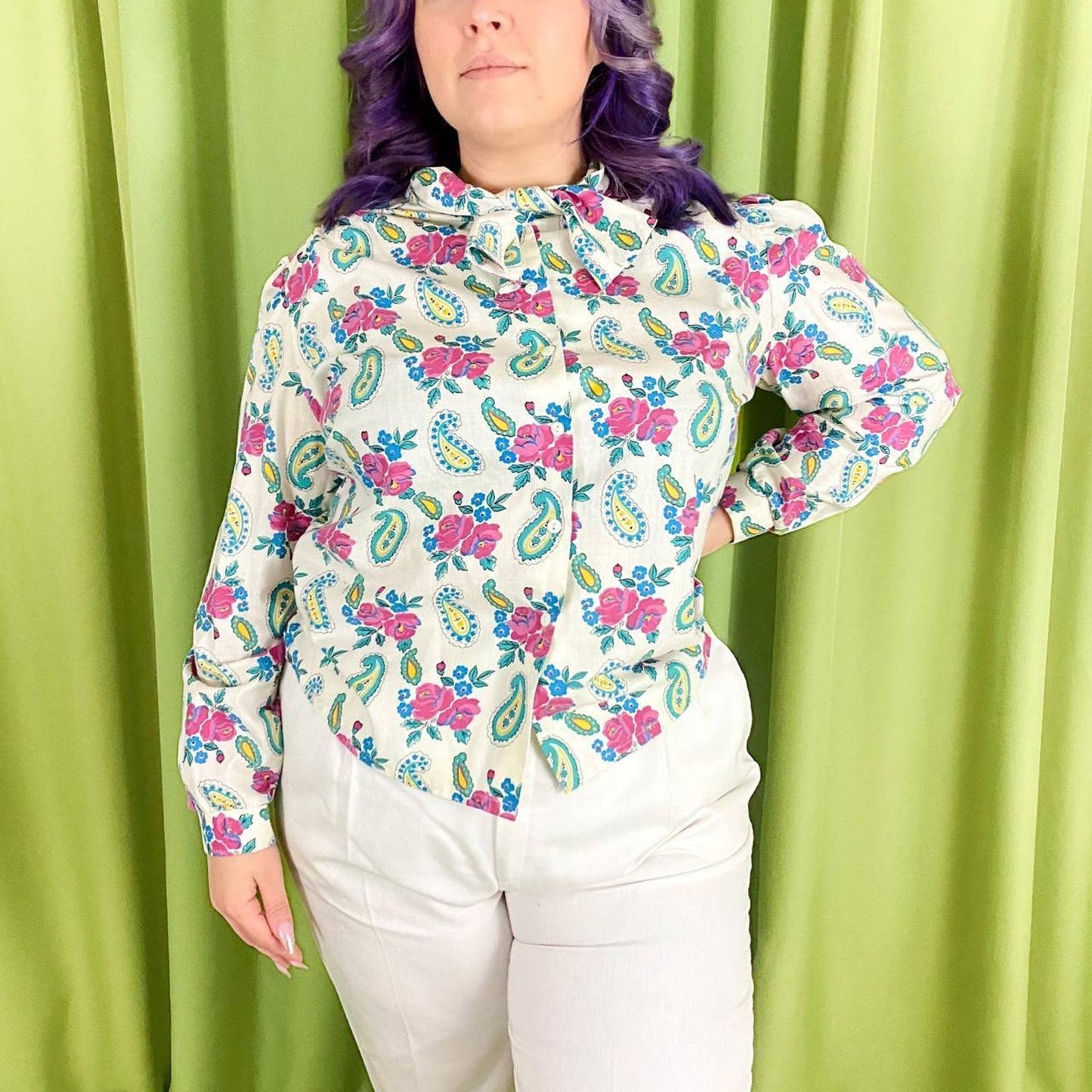 80s Vintage Blue and Pink Paisley Print Pussybow Collar Blouse