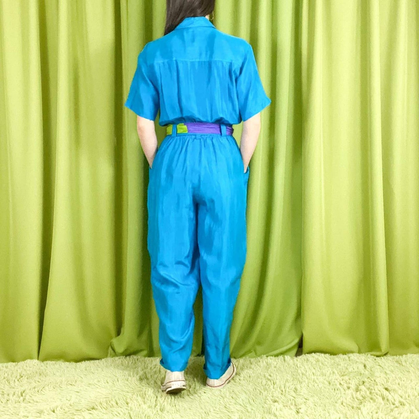 80s Vintage Blue Purple and Green Short Sleeve 100% Silk Coveralls Jumpsuit