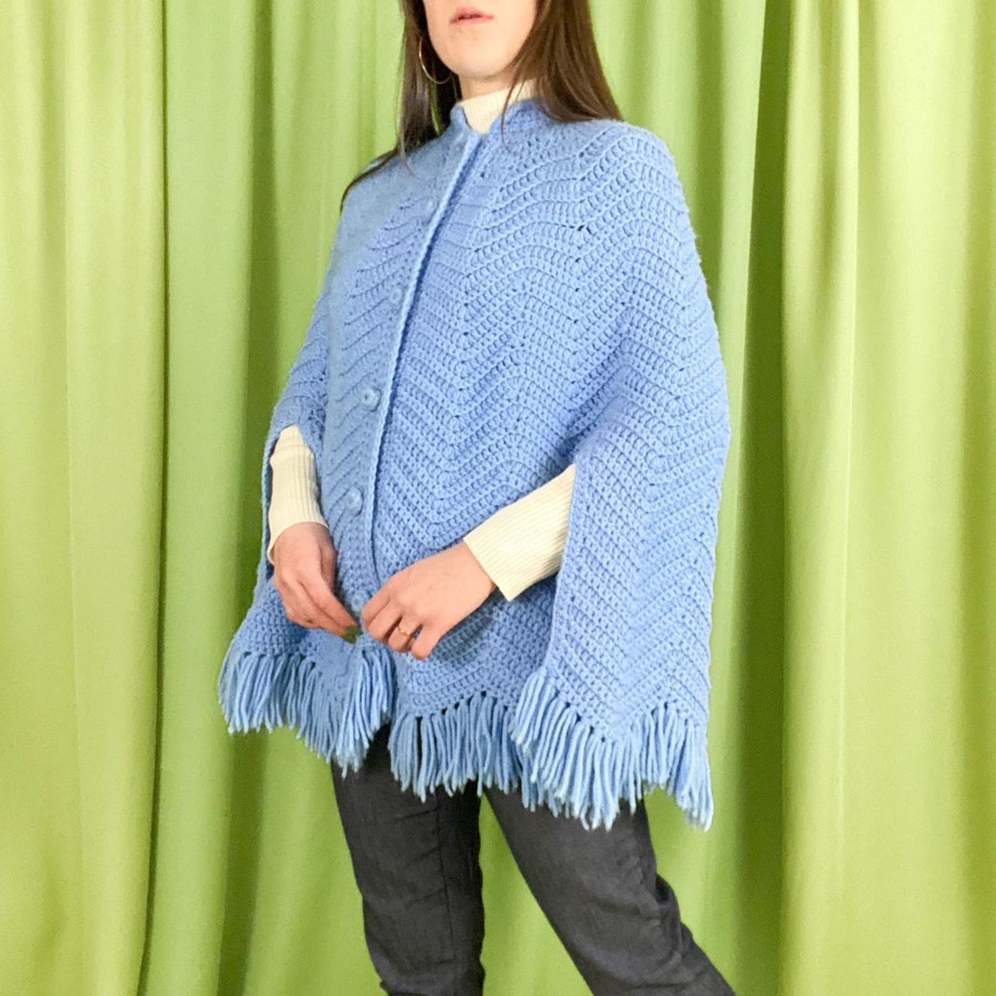 70s Vintage Periwinkle Blue Chevron Knit Mock Neck Poncho with Fringe Trim