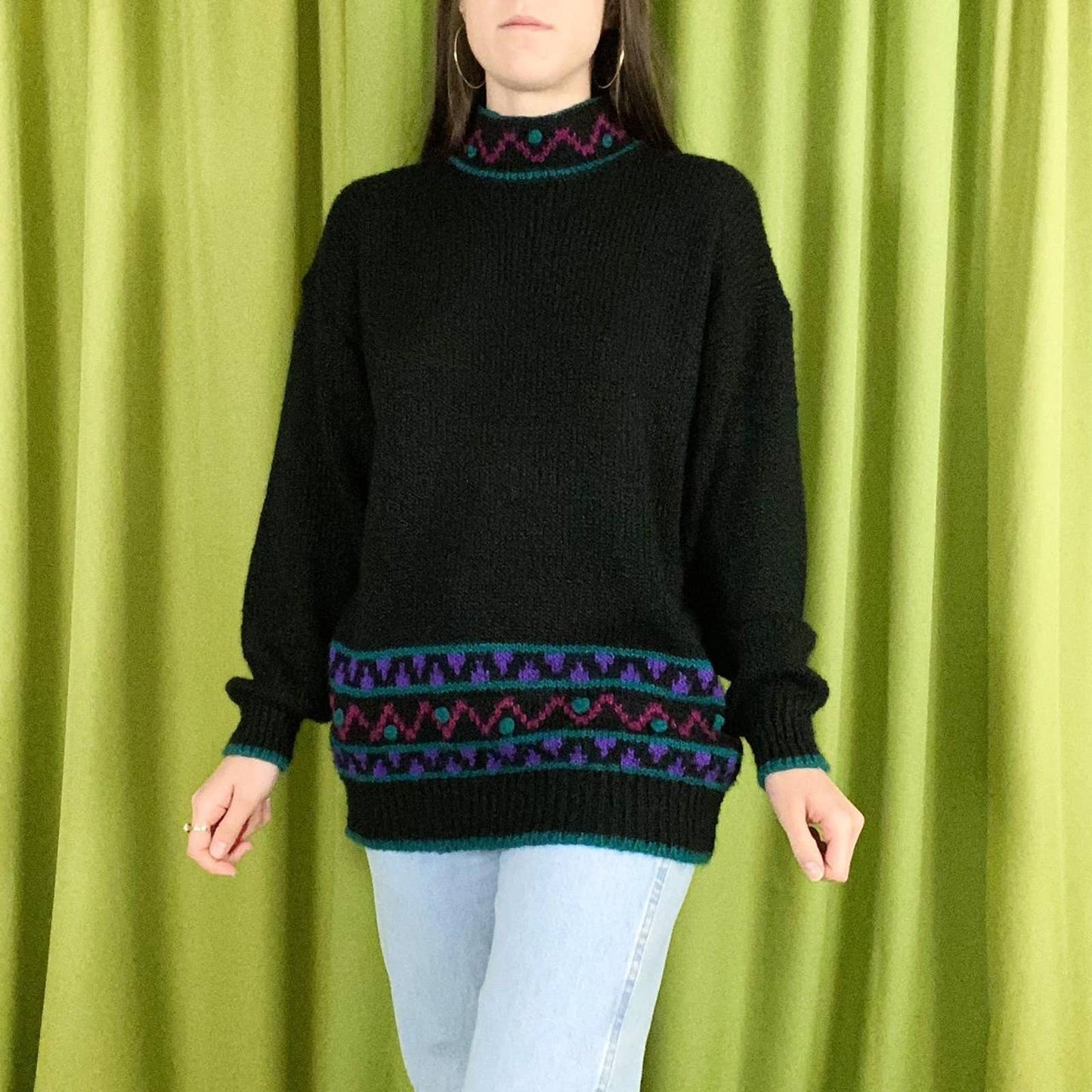 90s Vintage Black Purple and Teal Abstract Print Knit Turtleneck Sweater